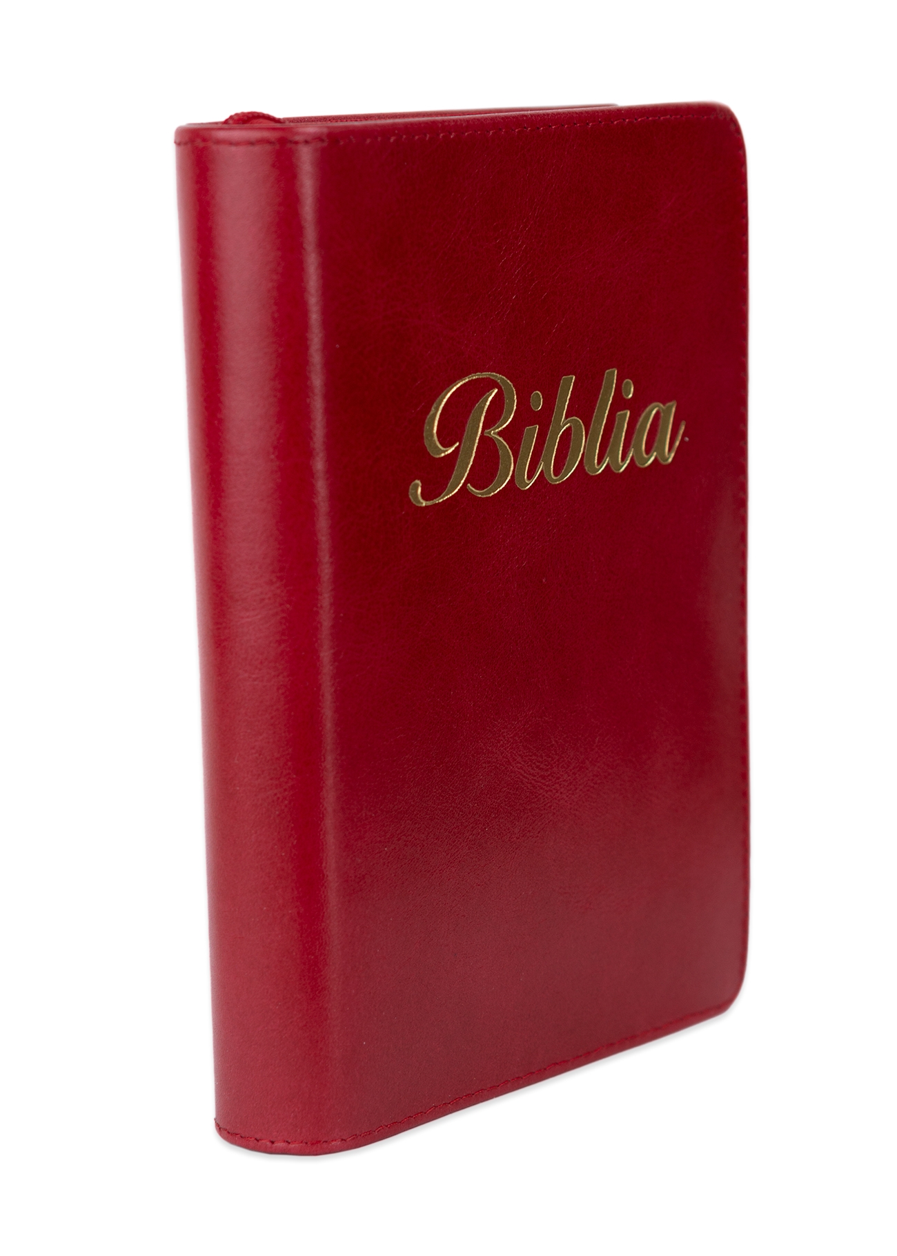 Biblia mărime mica, culoare roșie, piele, fermoar, margini aurii, index, cuv. lui Isus cu rosu [047 PFI]