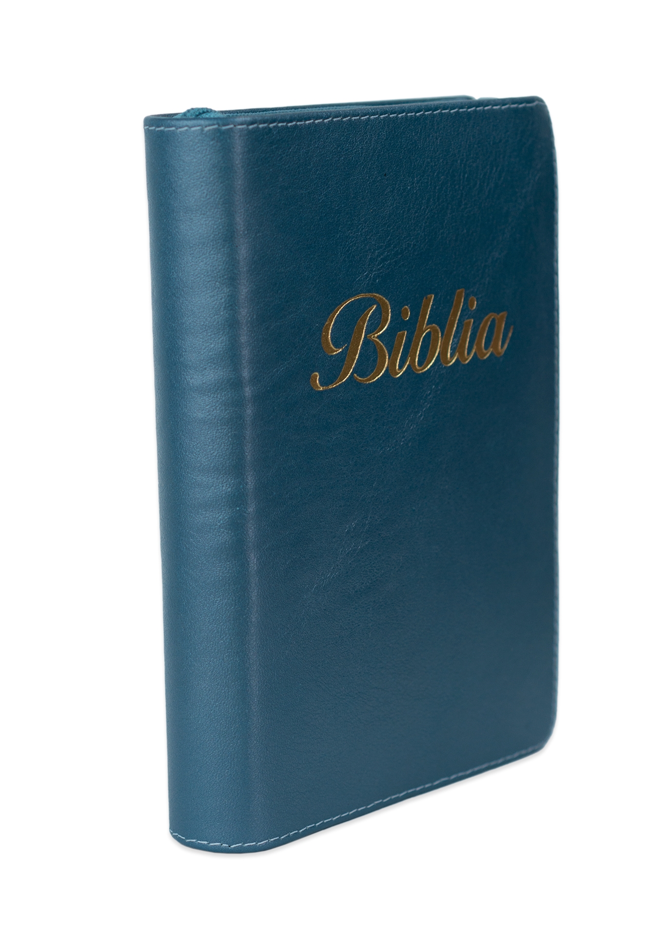 Biblia marime mica, turcoaz sidefat, piele, fermoar, margini aurii, index, cuv. lui Isus cu rosu [047 PFI]