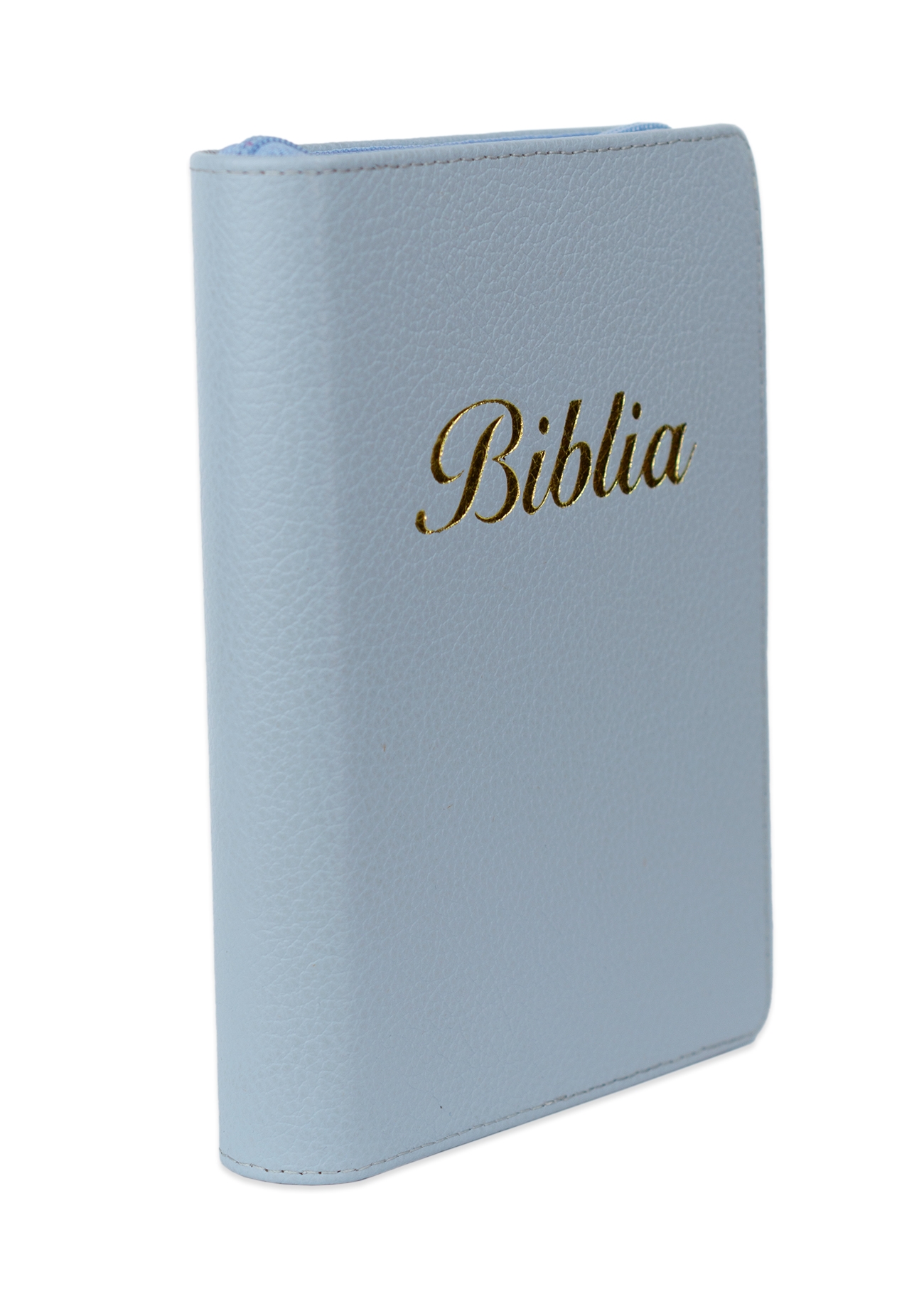 Biblia marime mica, albastru deschis, piele, fermoar, margini aurii, index, cuv. lui Isus cu rosu [047 PFI]