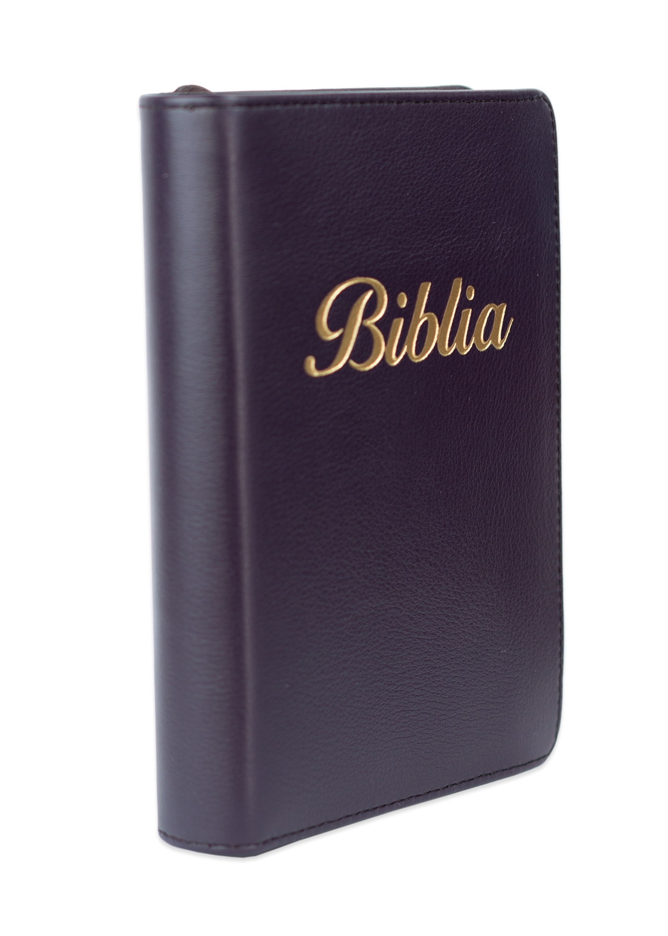 Biblia marime mica, mov închis, piele, fermoar, margini aurii, index, cuv. lui Isus cu rosu [047 PFI]