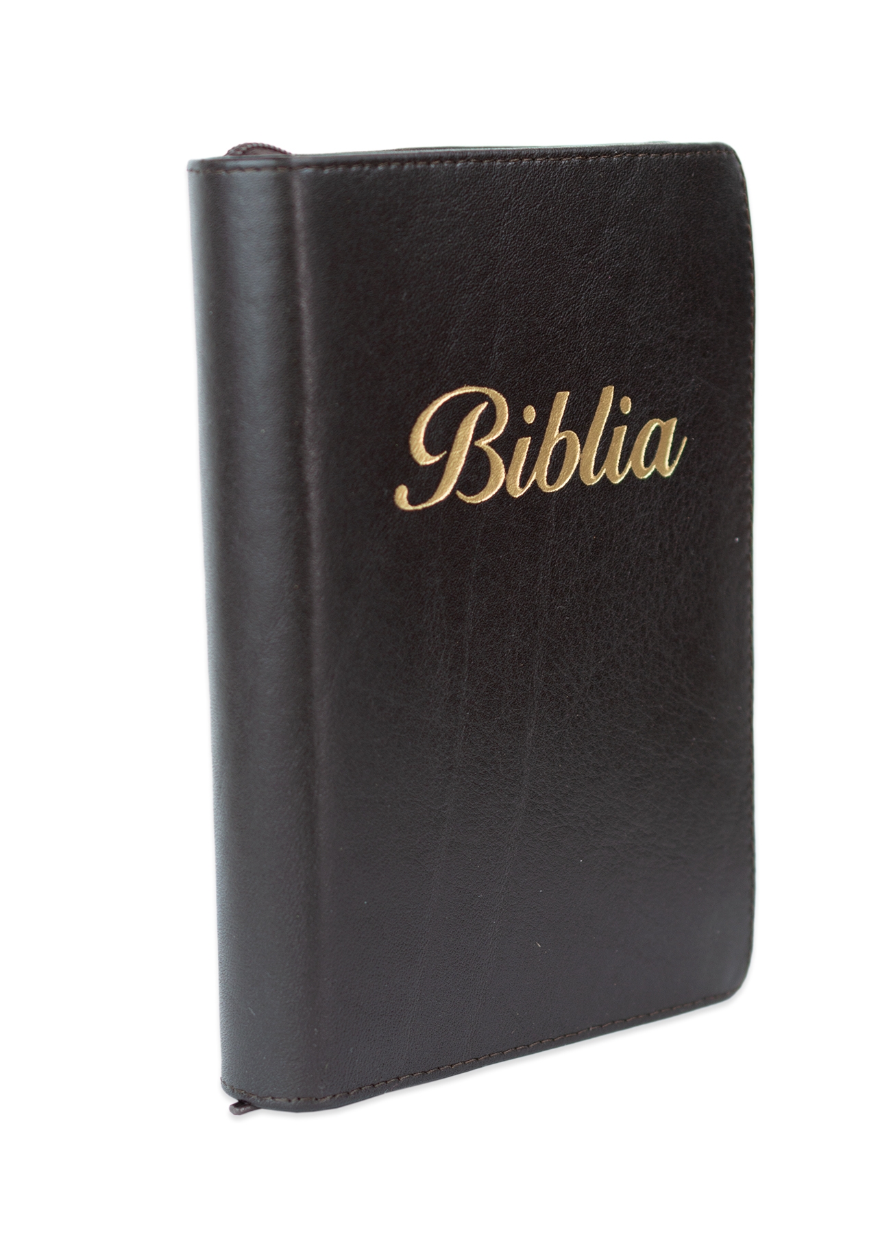 Biblia marime mica, maro închis , piele, fermoar, margini aurii, index, cuv. lui Isus cu rosu [047 PFI]