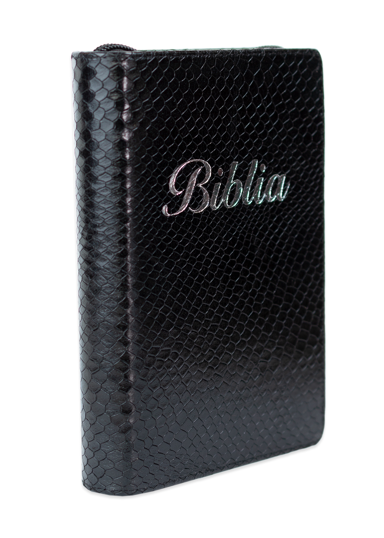 Biblia marime mica, negru texturat, piele, fermoar, margini aurii, index, cuv. lui Isus cu rosu [047 PFI]