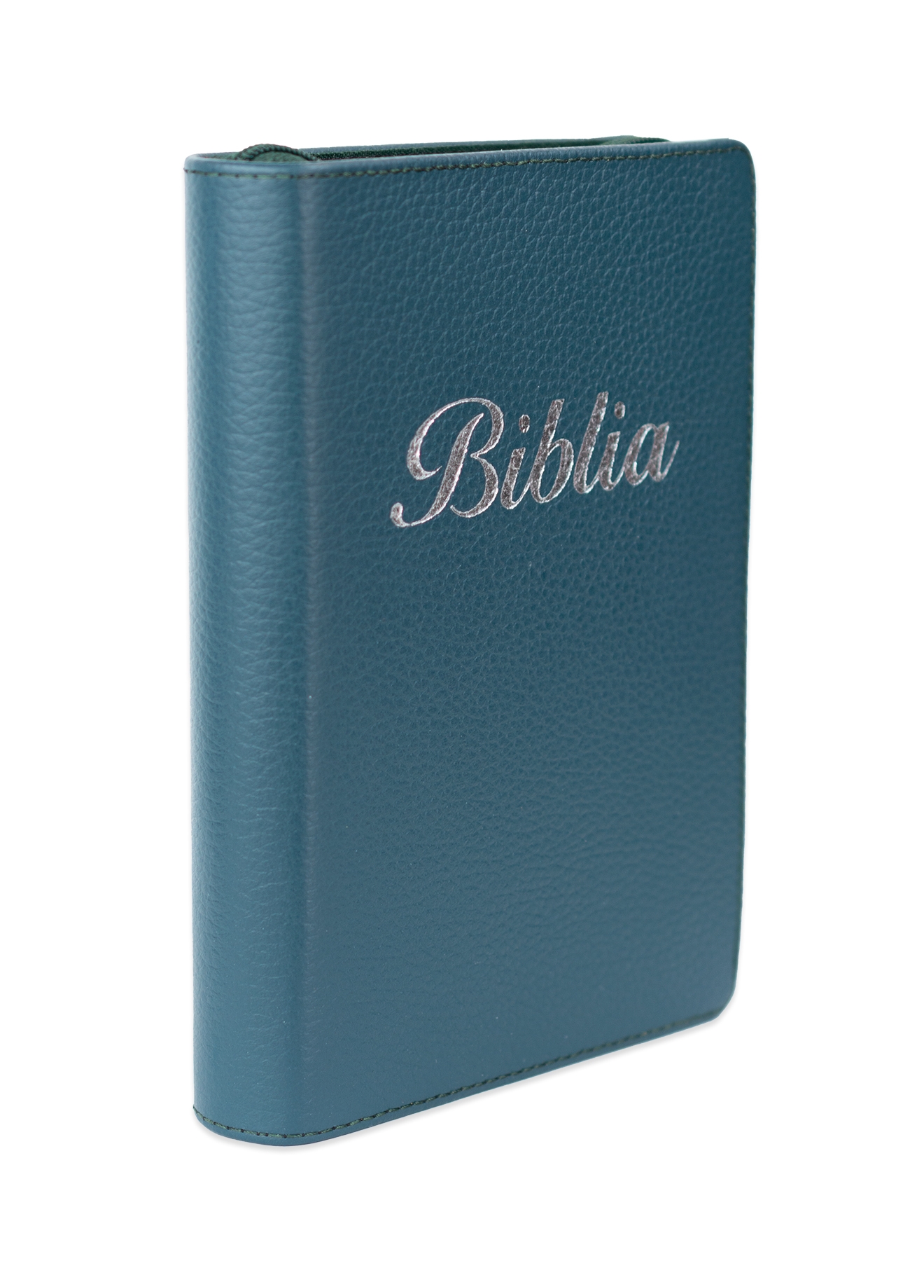 Biblia marime mica, nuanță de verde, piele, fermoar, margini aurii, index, cuv. lui Isus cu rosu [047 PFI]