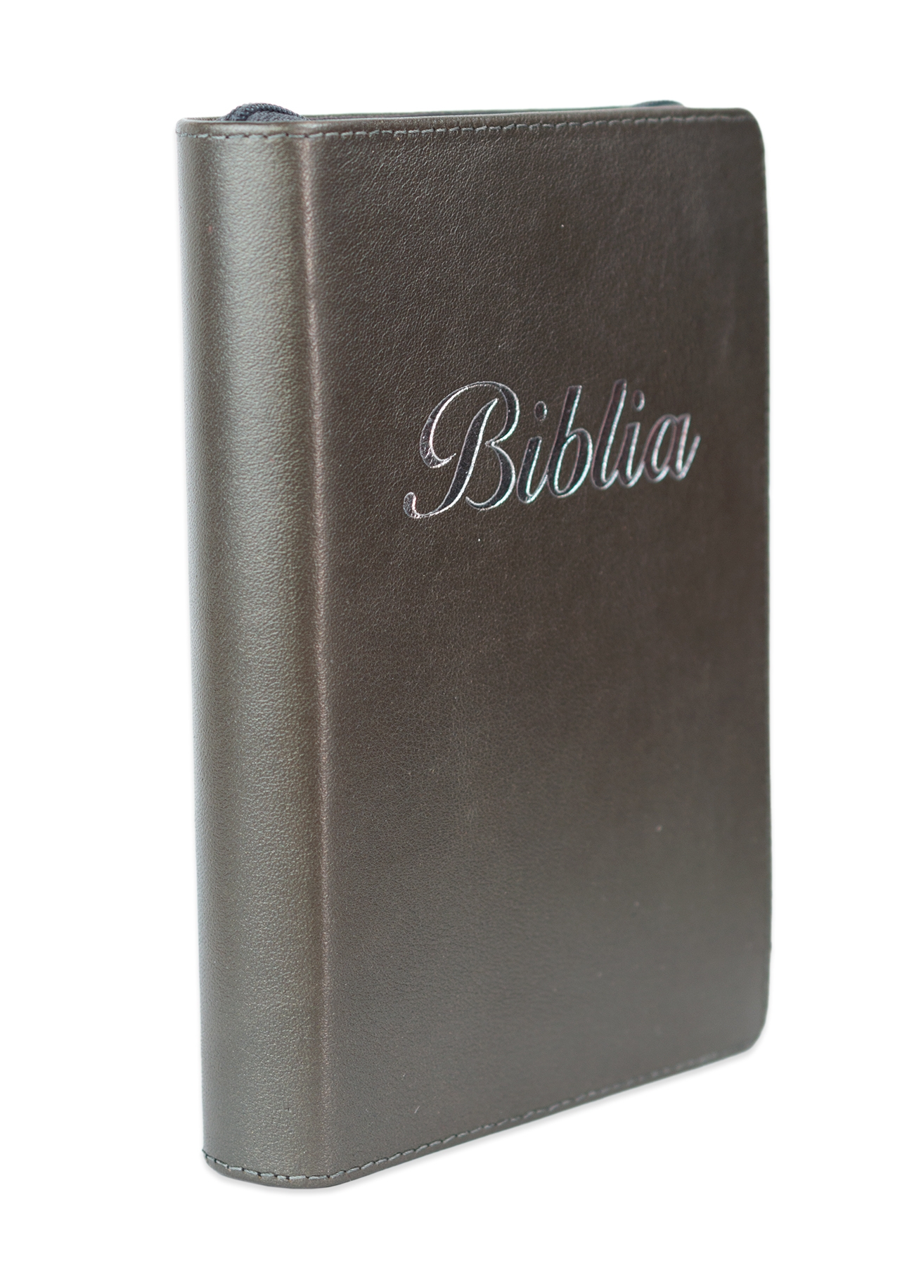 Biblia marime mica, gri închis, piele, fermoar, margini aurii, index, cuv. lui Isus cu rosu [047 PFI]