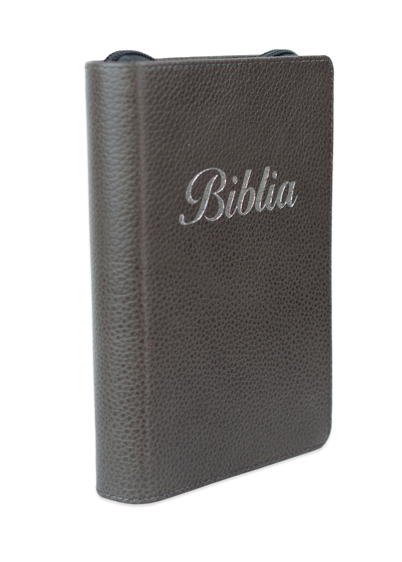 Biblia marime mica, gri închis, piele, fermoar, margini aurii, index, cuv. lui Isus cu rosu [047 PFI]