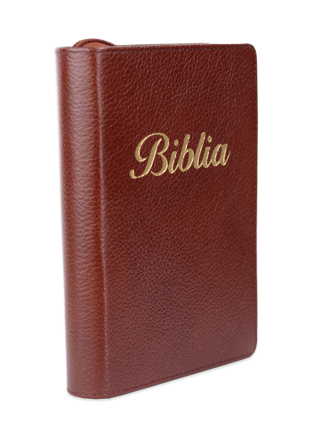 Biblia marime mica, maro roșcat, piele, fermoar, margini aurii, index, cuv. lui Isus cu rosu [047 PFI]