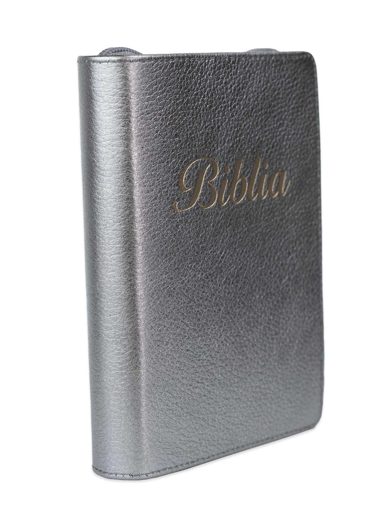 [ANTICARIAT] Biblia marime mica, argintiu, piele, fermoar, margini aurii, index, cuv. lui Isus cu rosu [047 PFI]  (Produs cu defect)