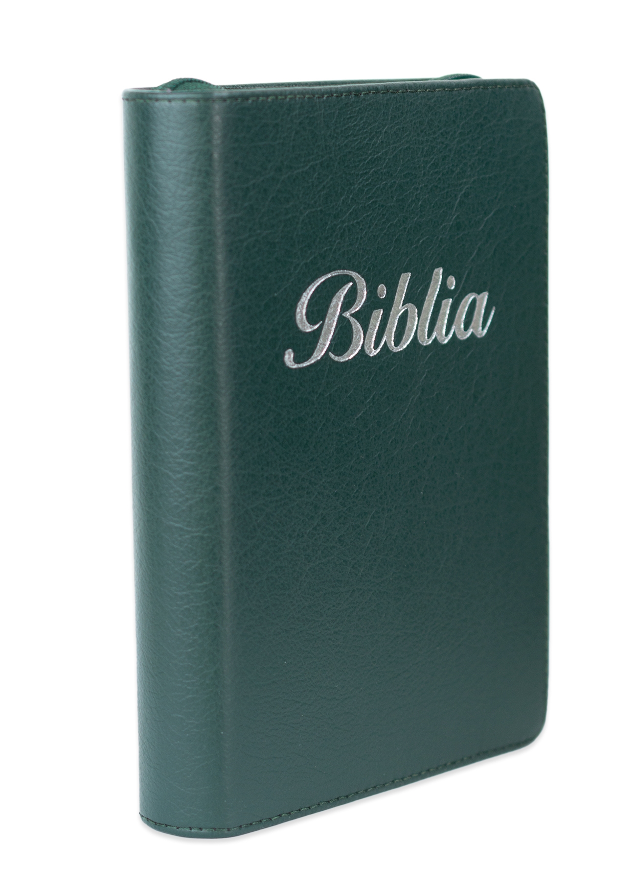 Biblia marime mica, verde, piele, fermoar, margini aurii, index, cuv. lui Isus cu rosu [047 PFI]