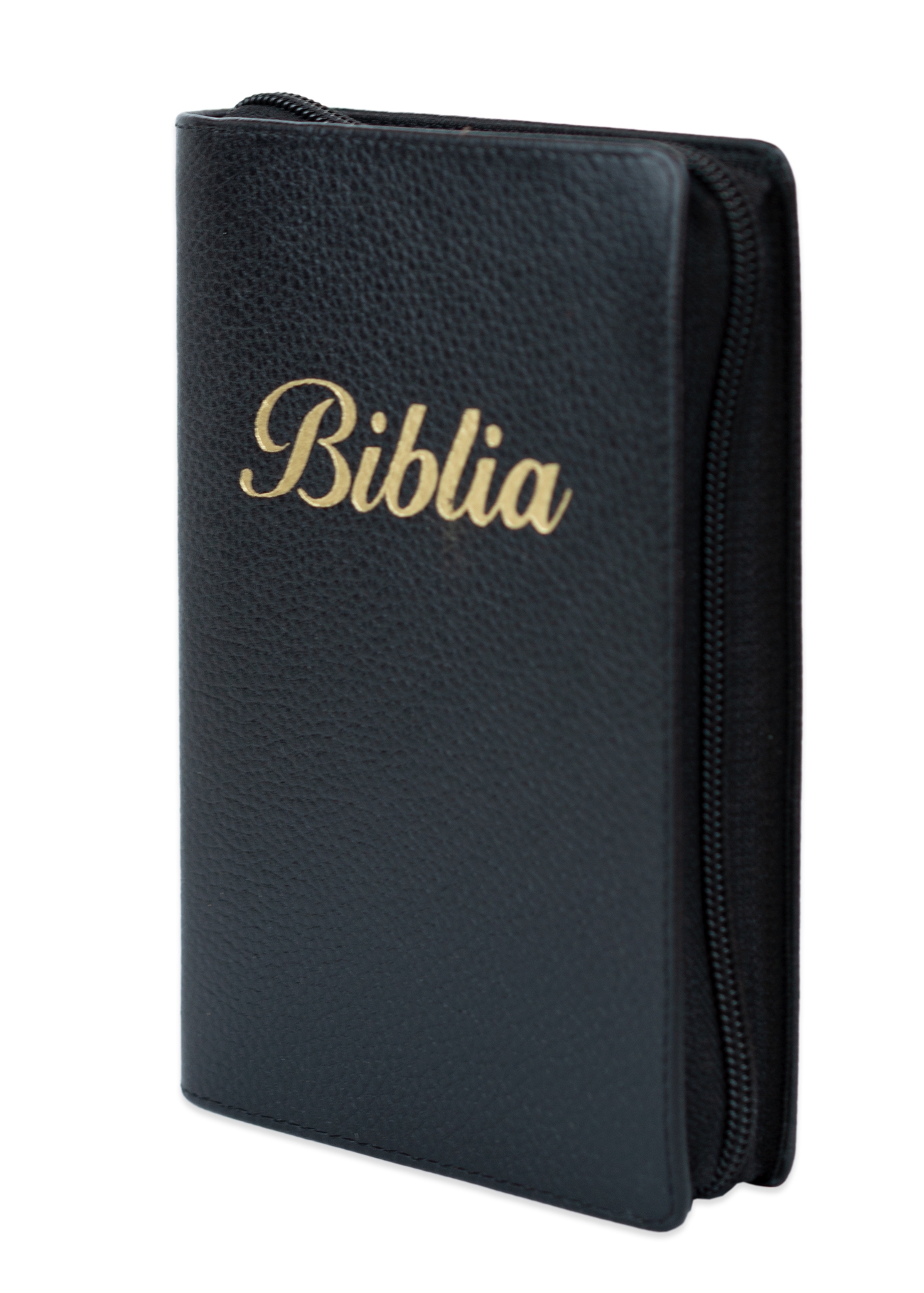 Biblia marime mica, neagra, piele, fermoar, margini aurii, index, cuv. lui Isus cu rosu [047 PFI]