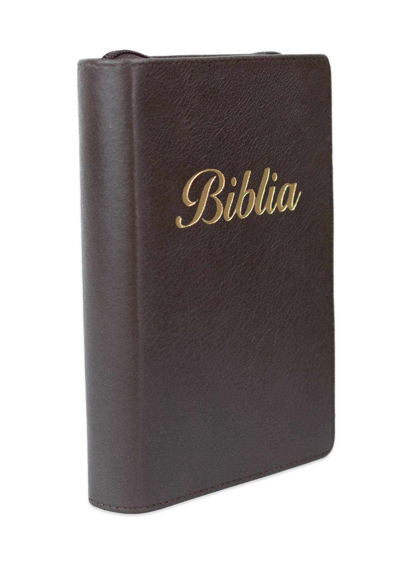 Biblia marime mica, maro, piele, fermoar, margini aurii, index, cuv. lui Isus cu rosu [047 PFI]