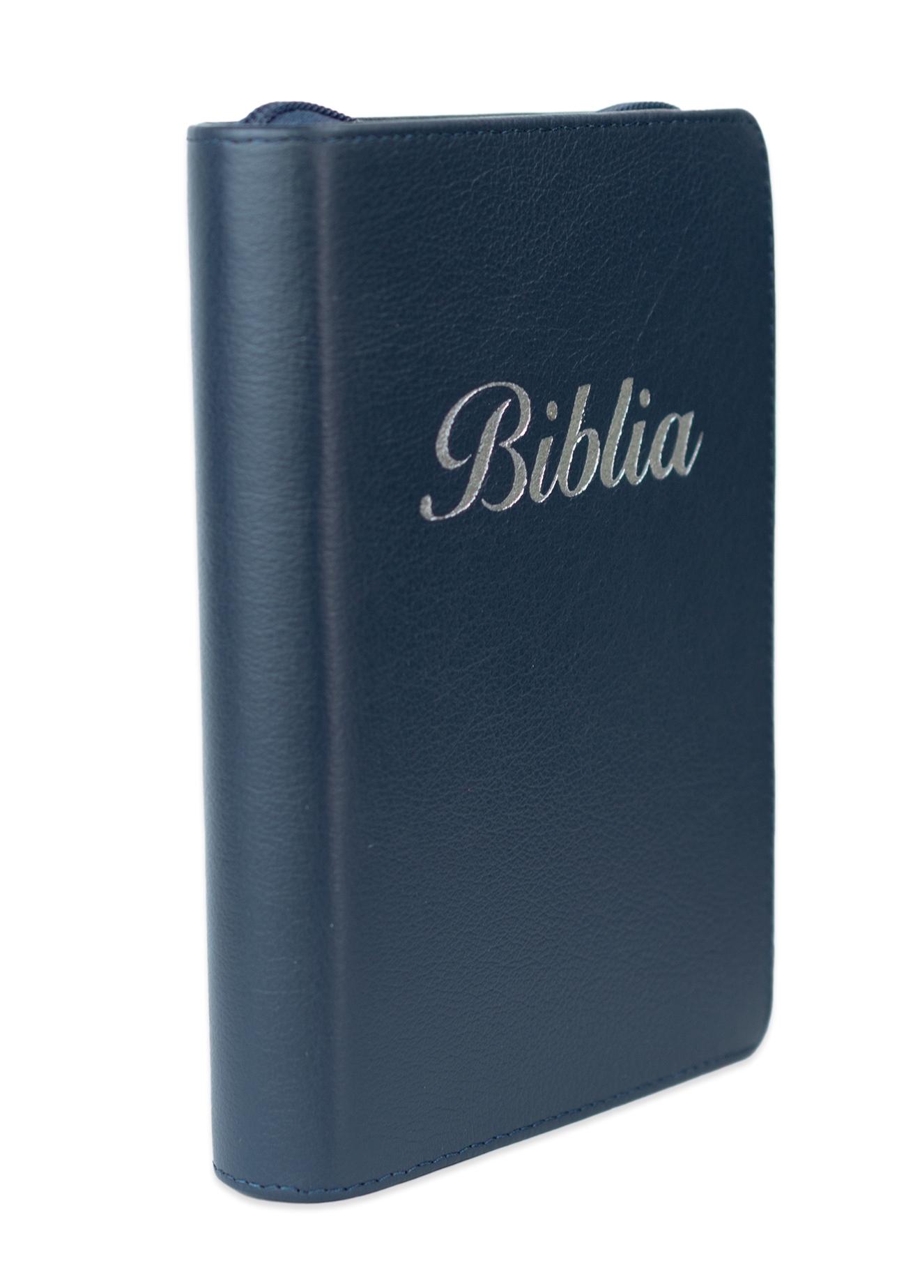 Biblia marime mica, bleumarin, piele, fermoar, margini aurii, index, cuv. lui Isus cu rosu [047 PFI]