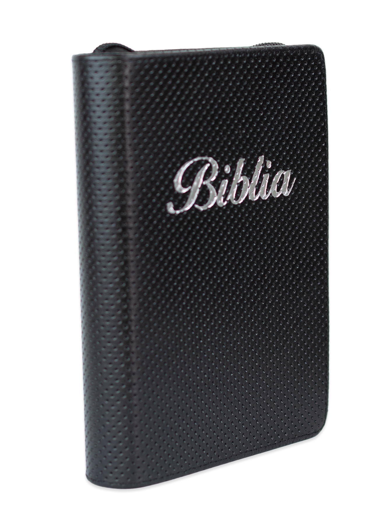 Biblia marime mica, negru texturat, piele, fermoar, margini aurii, index, cuv. lui Isus cu rosu [047 PFI]
