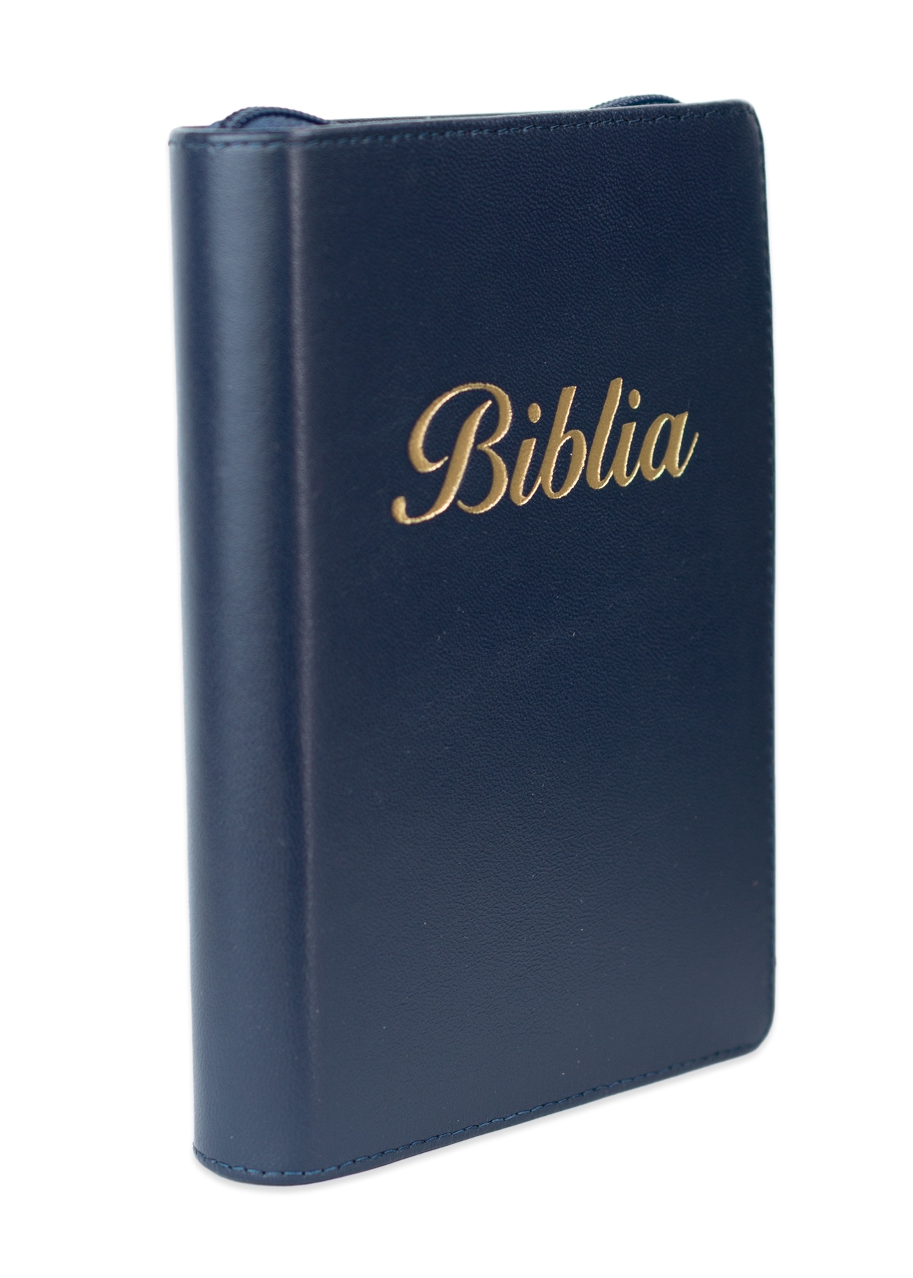 Biblie mare, piele,  bleumarin, fermoar, index, margini argintii, cuv. Isus cu rosu + inel pentru pix [MAR 073 PFI]