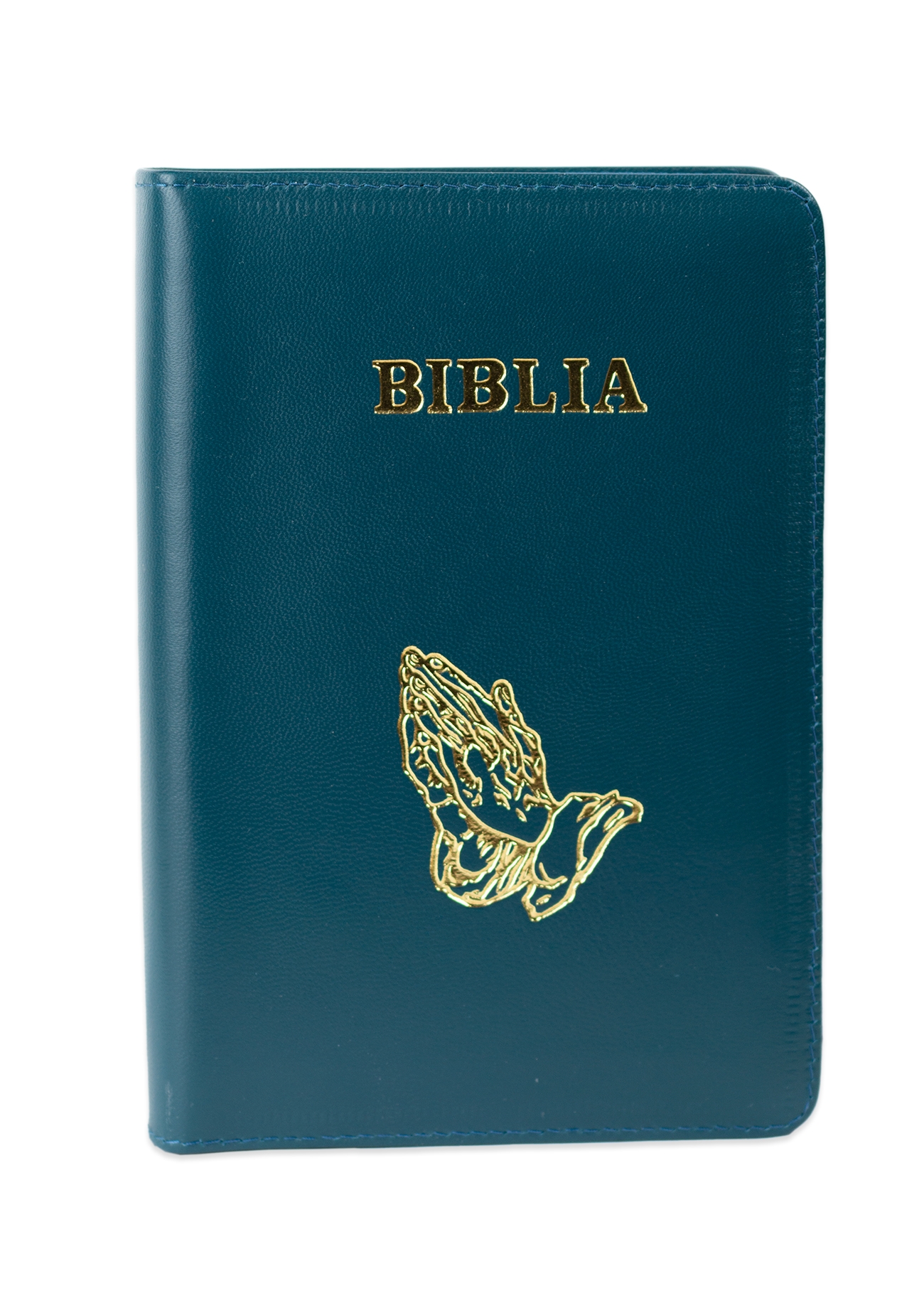 Biblie din piele, marime medie, albastru mineral, fermoar, margini albe,cuv. lui Isus cu rosu [053]