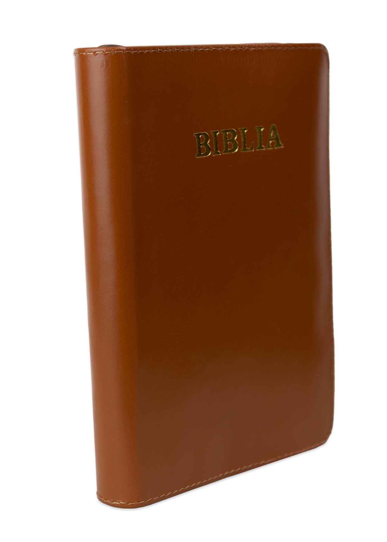 Biblie din piele, marime medie, culoare maro, fermoar, margini albe, cuv. lui Isus cu rosu [053]