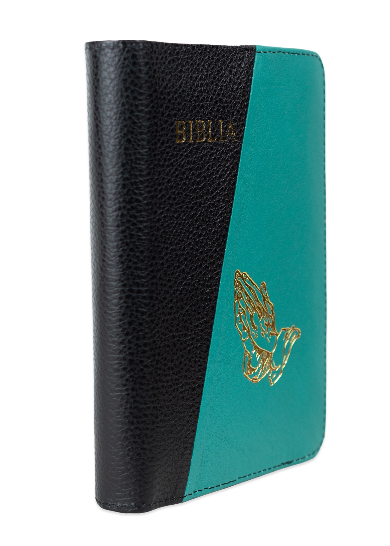 Biblia din piele, marime medie, culoare negru cu turcoaz, fermoar,margini albe,simbol maini in rugaciune, cuv. lui Isus cu rosu [053]