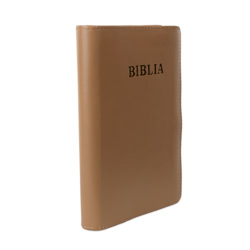 Biblie din piele, marime medie, culoare, maro deschis, fermoar, index, margini aurii, cuv. lui Isus cu rosu [SB 057 PFI]