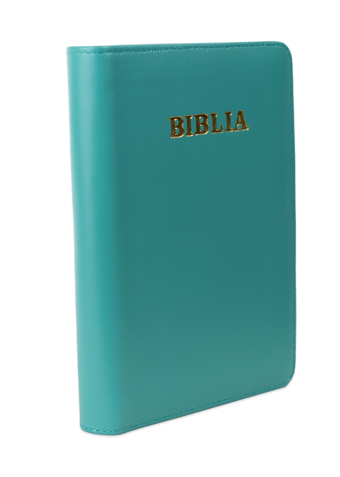 Biblie din piele, marime medie, culoare turcoaz deschis, fermoar, margini albe,cuv. lui Isus cu rosu [053]