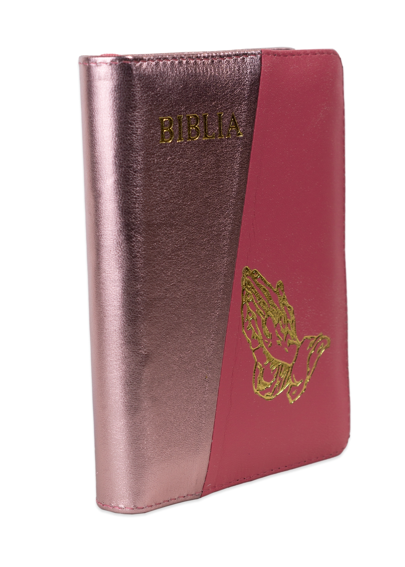 Biblia format mic, din piele, culoare, roz sidefat cu roz bombon închis,  index, simbol maini,  fermoar, margini argintii, cuv. lui Isus in rosu [047 PFI]