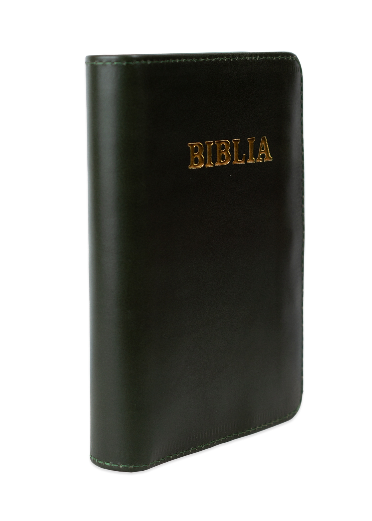 Biblia format mic, din piele, culoare, verde oliv închis,  index,  fermoar, margini argintii, cuv. lui Isus in rosu [047 PFI]