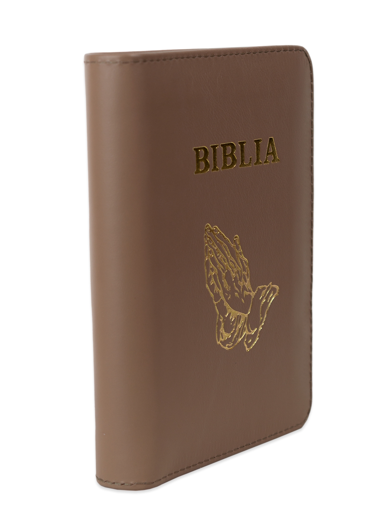 Biblia format mic, din piele, culoare, maro,  index, simbol maini,  fermoar, margini argintii, cuv. lui Isus in rosu [047 PFI]