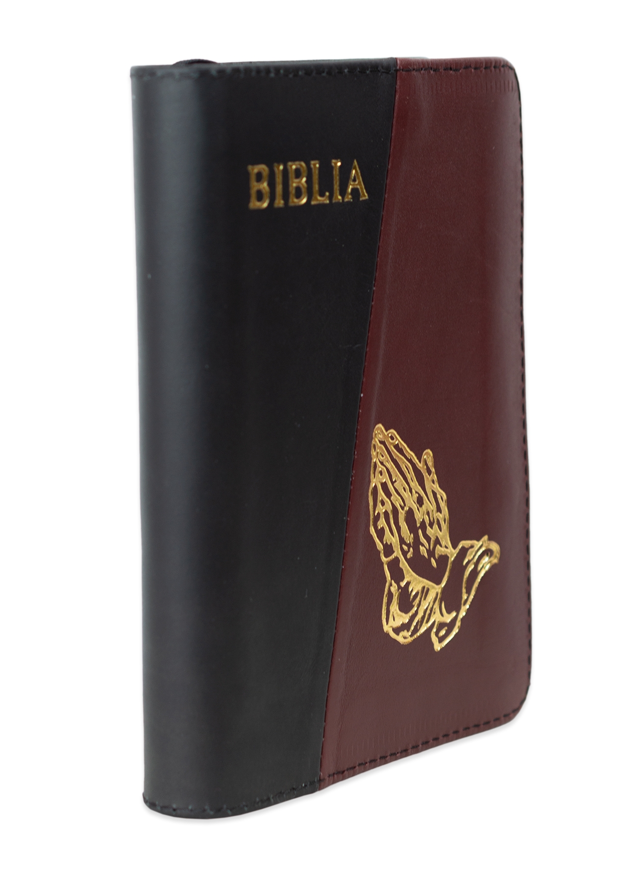 Biblia format mic, din piele, culoare, negru cu bordo,  index, simbol maini,  fermoar, margini argintii, cuv. lui Isus in rosu [047 PFI]