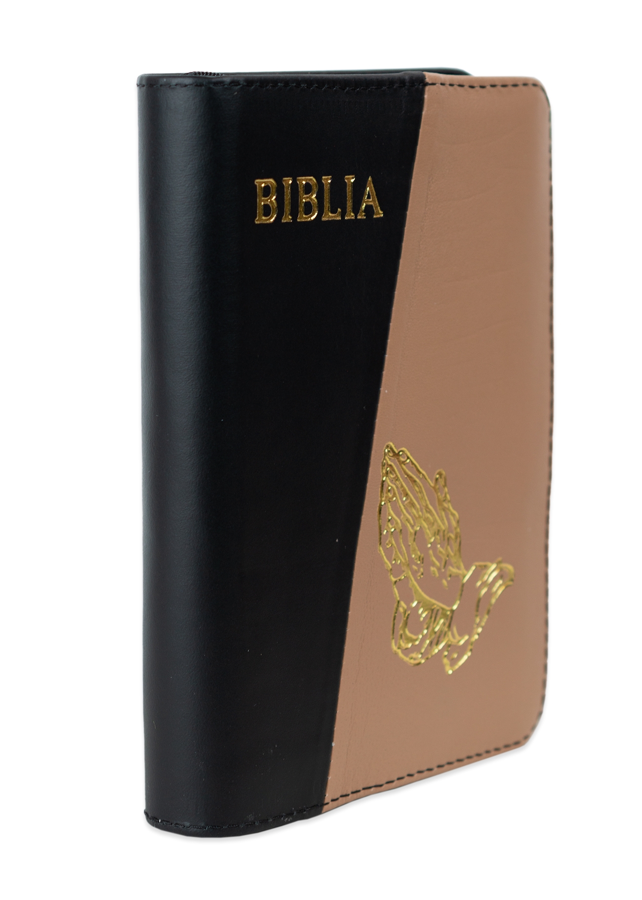 Biblia format mic, din piele, culoare, negru cu capucino,  index, simbol maini,  fermoar, margini argintii, cuv. lui Isus in rosu [047 PFI]