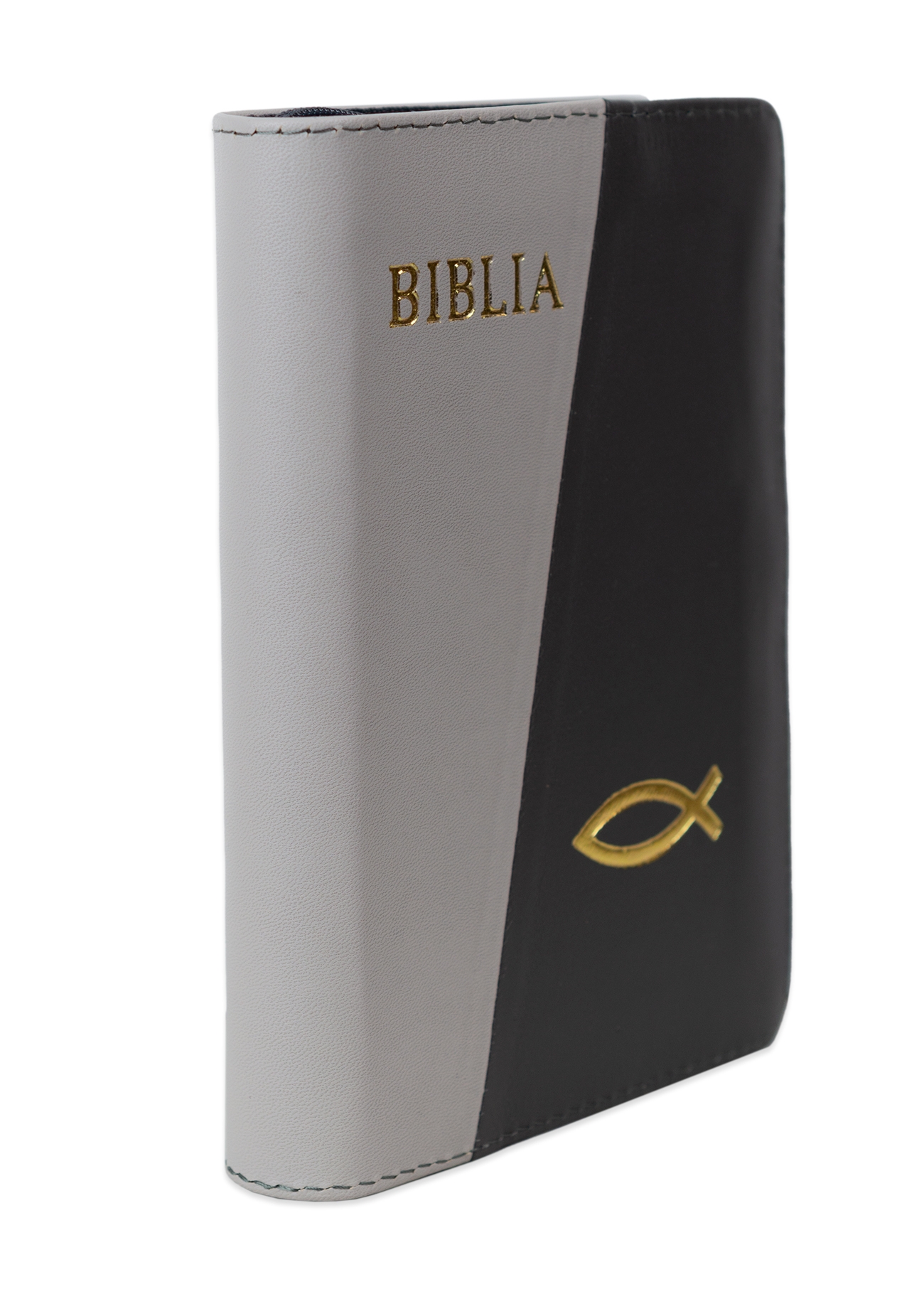 Biblia format mic, din piele, culoare, gri deschis cu gri închis,  index,  fermoar, margini argintii, cuv. lui Isus in rosu [047 PFI]