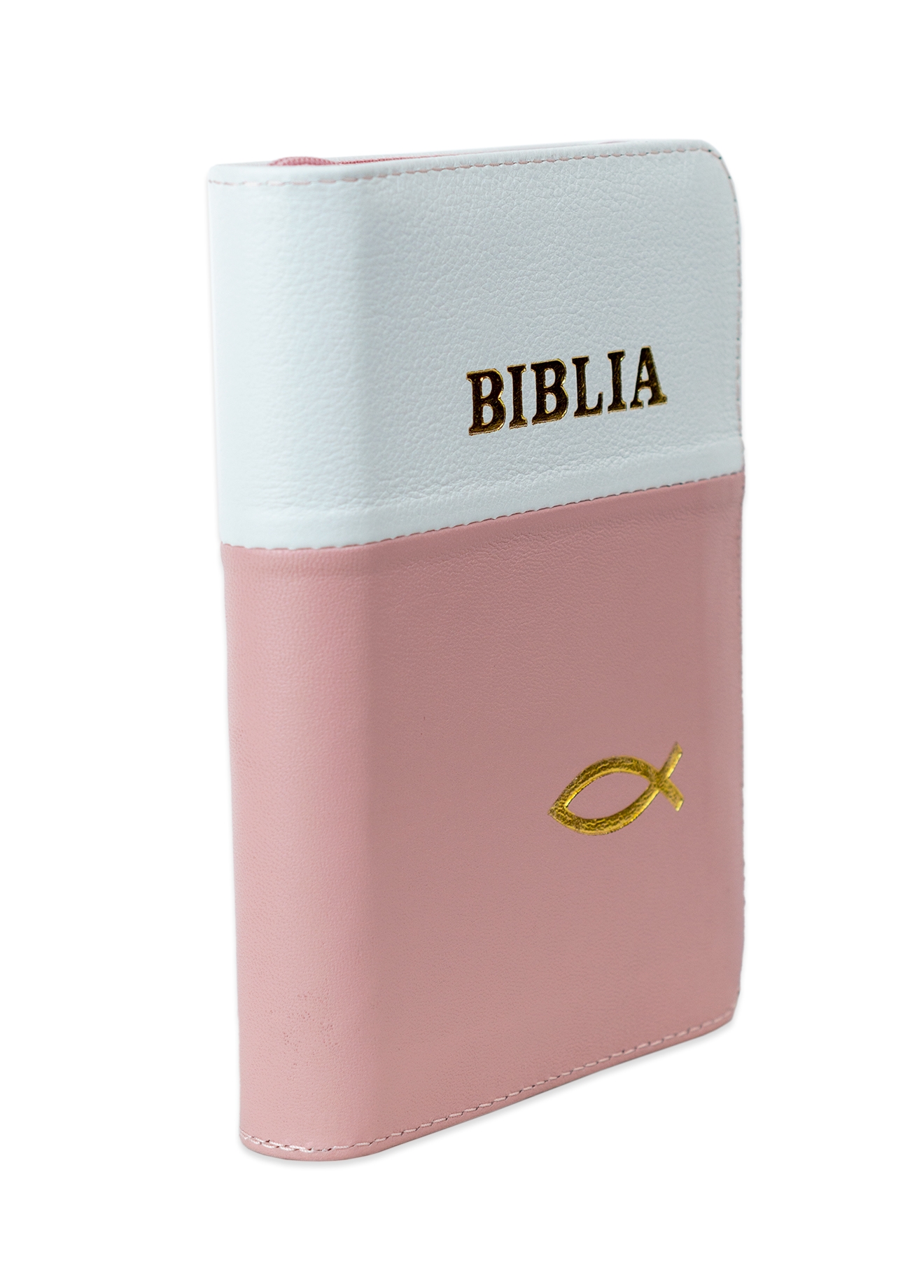Biblia format mic, din piele, culoare, alb cu roz,  index,  fermoar, margini argintii, cuv. lui Isus in rosu [047 PFI]