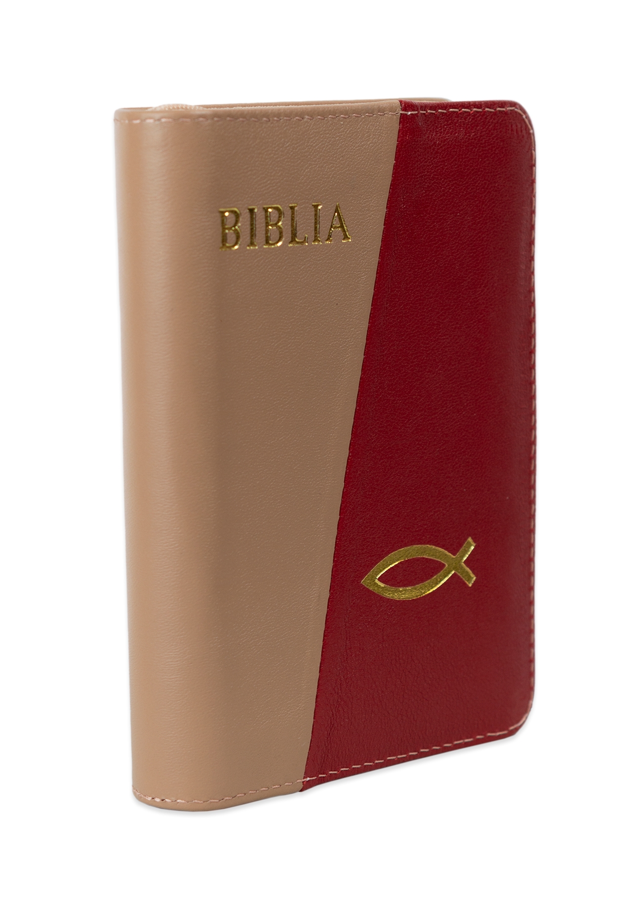 Biblia format mic, din piele, culoare, bej închis cu roșu,  index,  fermoar, margini argintii, cuv. lui Isus in rosu [047 PFI]