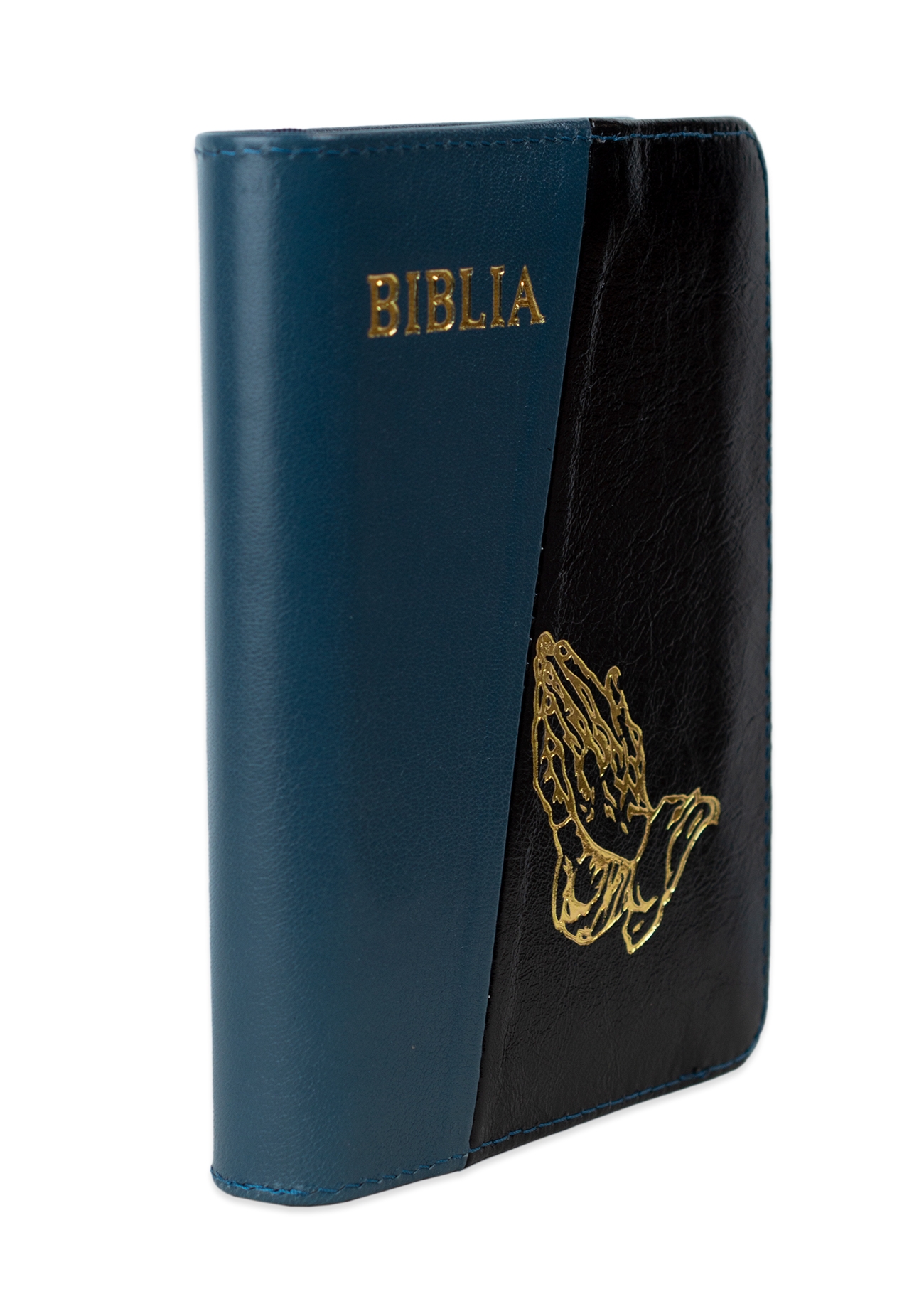 Biblia format mic, din piele, culoare, albastru metal cu negru,  index, simbol maini,  fermoar, margini argintii, cuv. lui Isus in rosu [047 PFI]