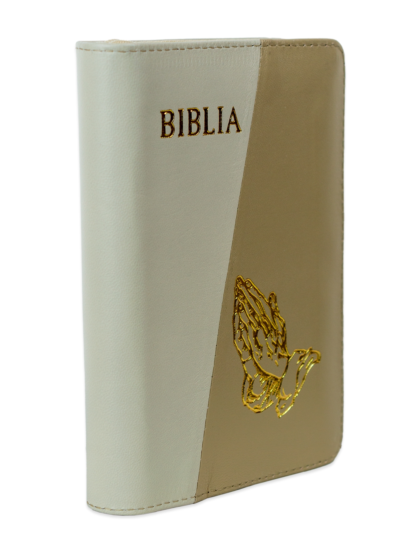 Biblia format mic, din piele, culoare, bej deschis cu bej închis,  index, simbol maini,  fermoar, margini argintii, cuv. lui Isus in rosu [047 PFI]