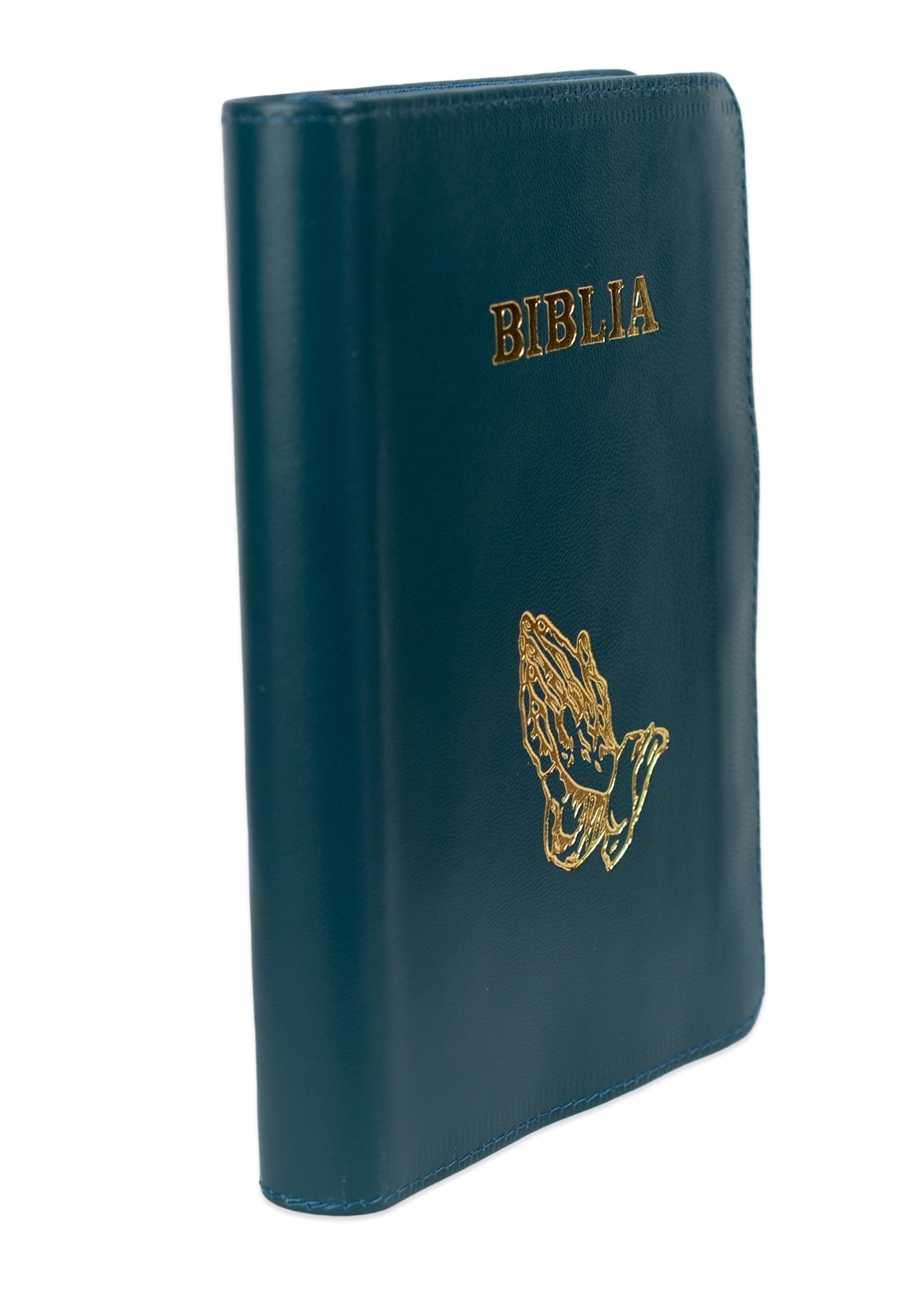 Biblie din piele,marime mica, culoare, turcoaz, fermoar, margini albe, simbolul maini in rugaciune, cuv. lui Isus in rosu [043 PF]