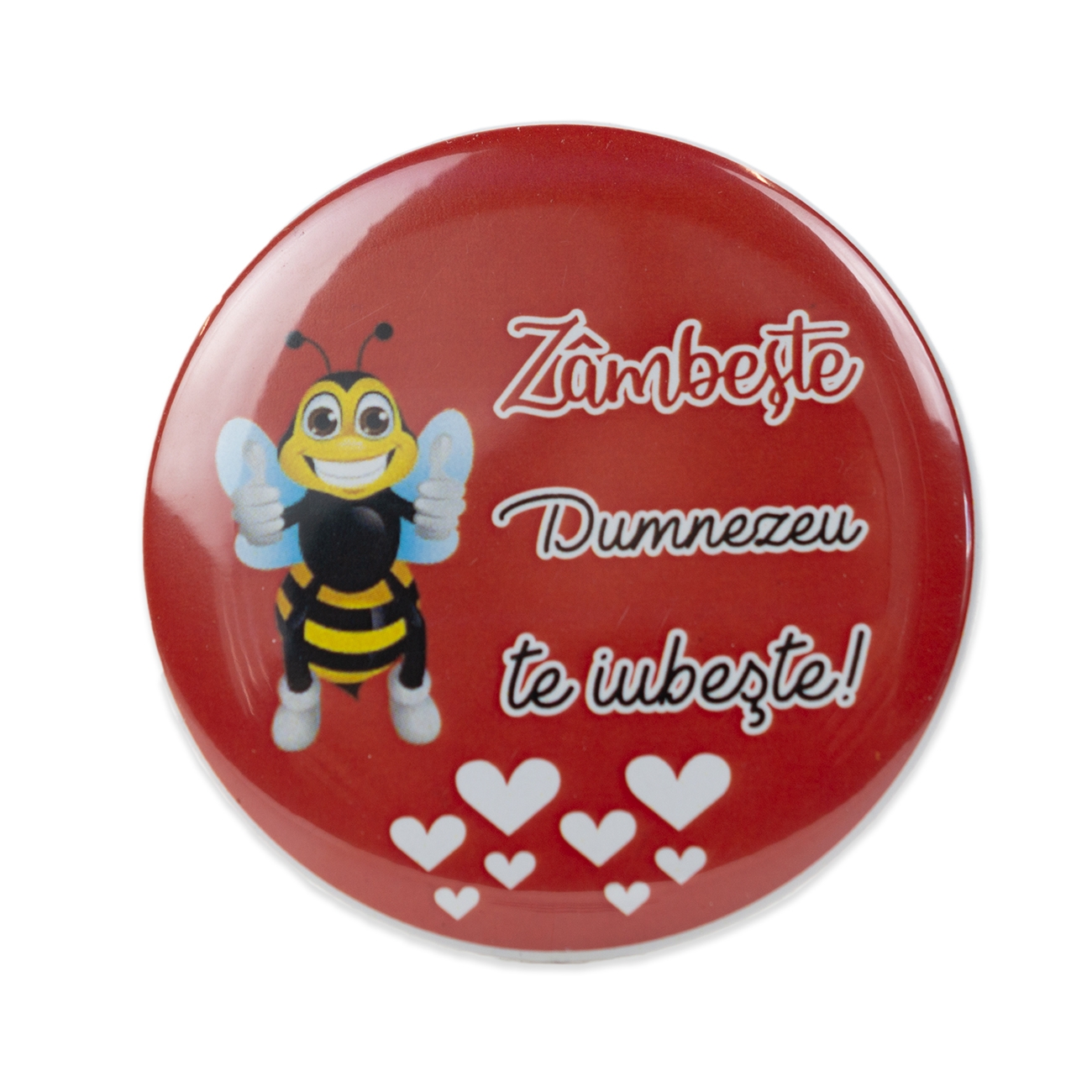 Insigna mesaj crestin - "Zâmbește, Dumnezeu te iubește!" (albina) Insigna mesaj crestin - "Zâmbește, Dumnezeu te iubește!" (albina)