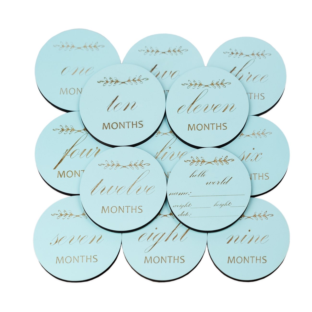 Set 13 carduri de tip milestone, din lemn, pentru poze bebelusi (turcoaz)