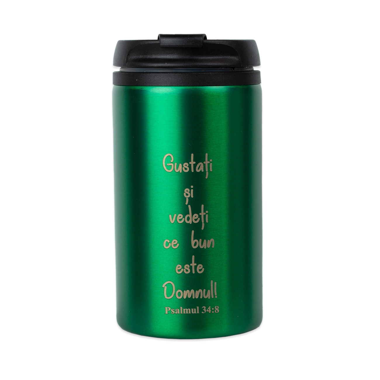 Pahar termos, metalic, verde - "Gustați și vedeți ce bun este Domnul!" Pahar termos, metalic, verde - "Gustați și vedeți ce bun este Domnul!"