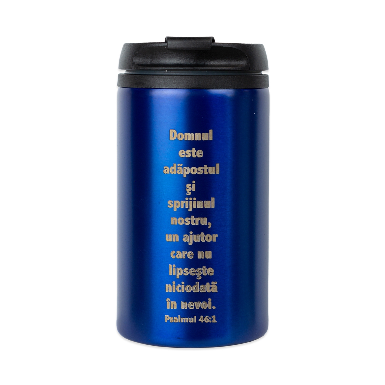 Pahar termos, metalic, albastru - "Domnul este adăpostul" Pahar termos, metalic, albastru - "Domnul este adăpostul"