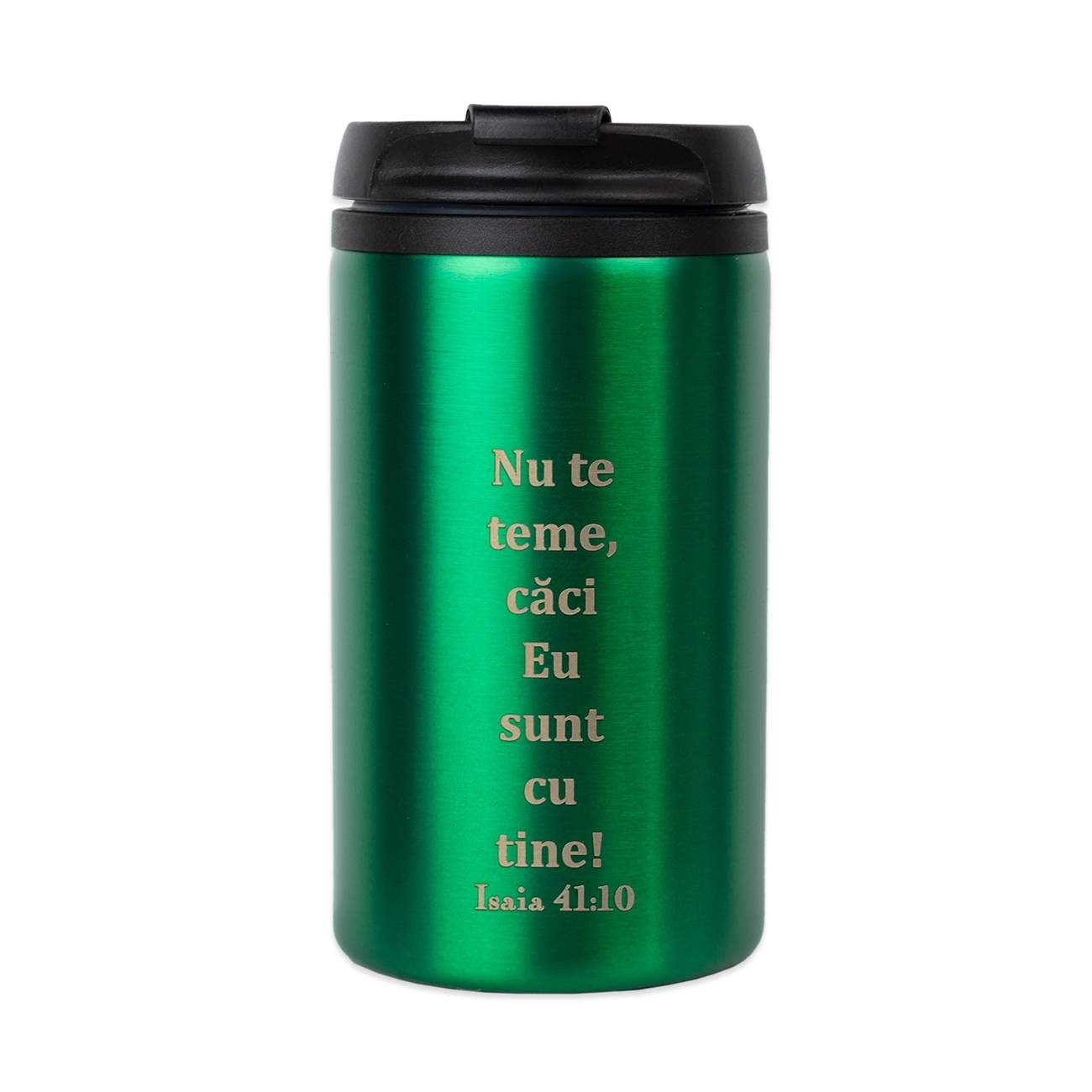 Pahar termos, metalic, verde - "Nu te teme!"