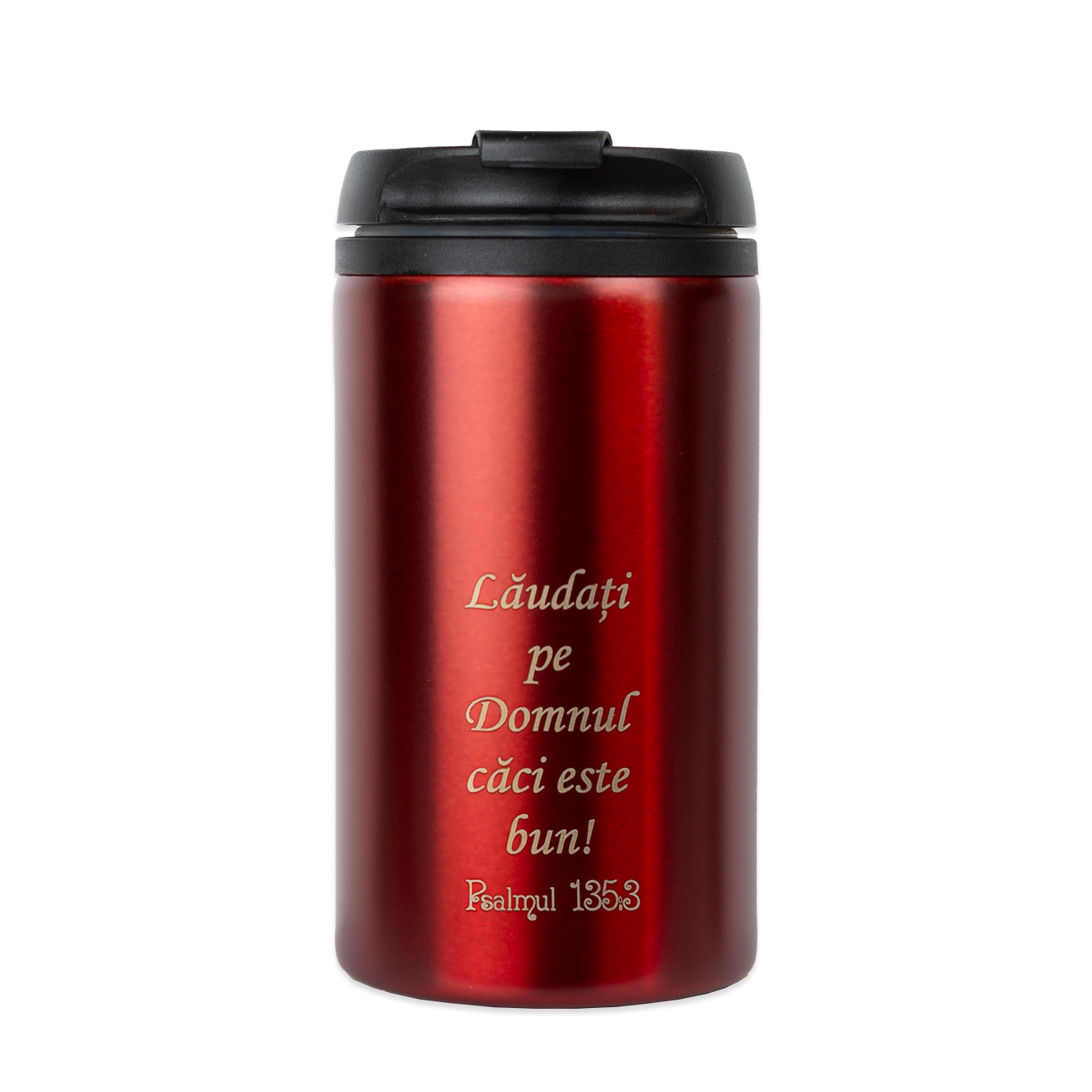 Pahar termos, metalic, roșu - "Lăudați pe Domnul!" Pahar termos, metalic, roșu - "Lăudați pe Domnul!"