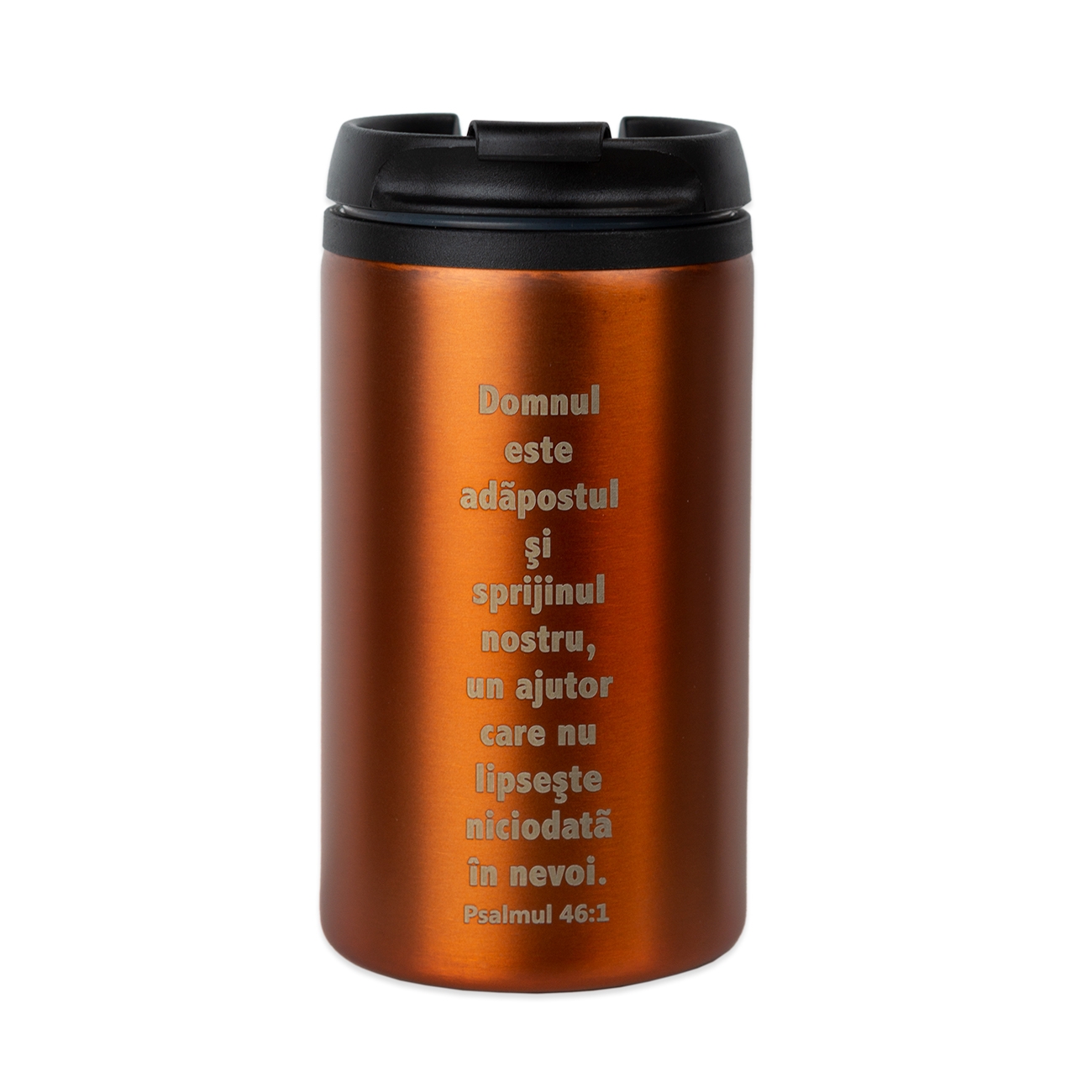 Pahar termos, metalic, arămiu - "Domnul este adăpostul" Pahar termos, metalic, arămiu - "Domnul este adăpostul"
