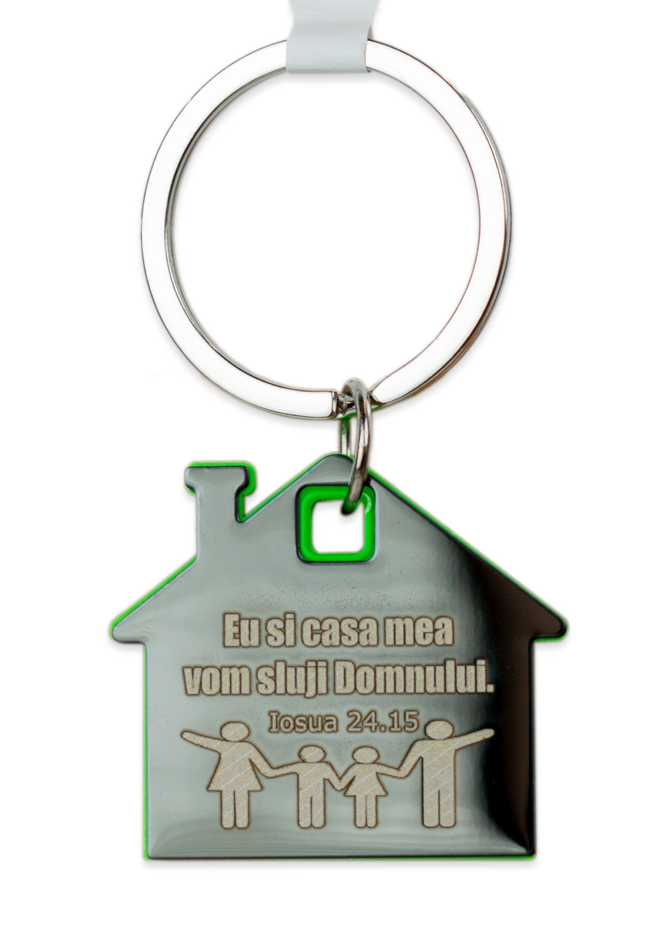 Breloc căsuță interior verde - "Eu si casa mea vom sluji Domnului"