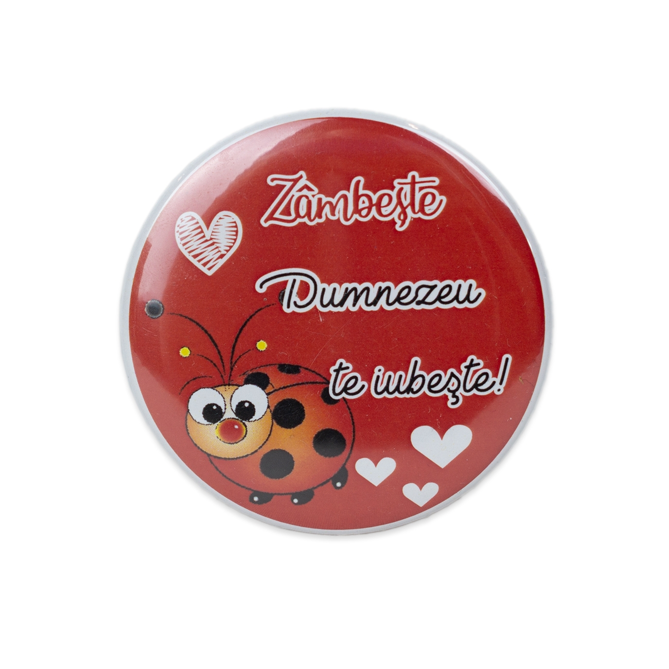 Insigna mesaj crestin - "Zâmbește, Dumnezeu te iubește!" (buburuză)