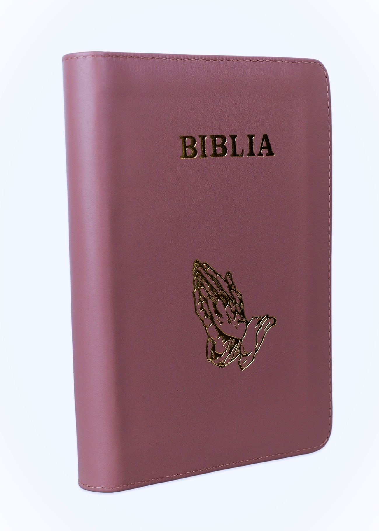 Biblia mica, piele, roz pudrat, index, fermoar, margini aurii,  simbolul maini, cuv. lui Isus in rosu [047 PFI]