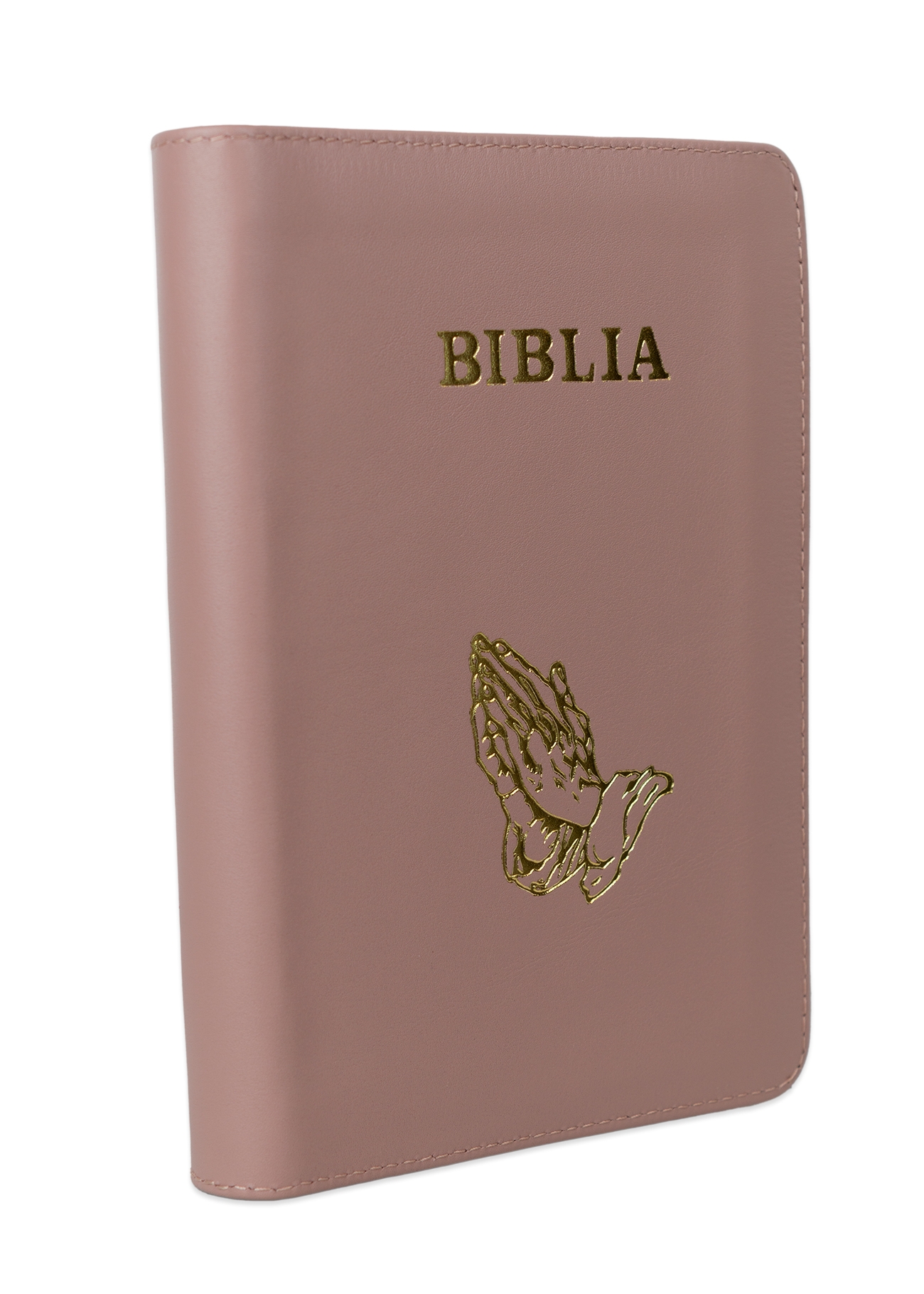 [ANTICARIAT] Biblie din piele, marime medie, culoare, roz plămâniu, simbol maini in rugaciune, fermoar, index, margini aurii, cuv. lui Isus cu rosu [SB 057 PFI] (Produs cu defect)