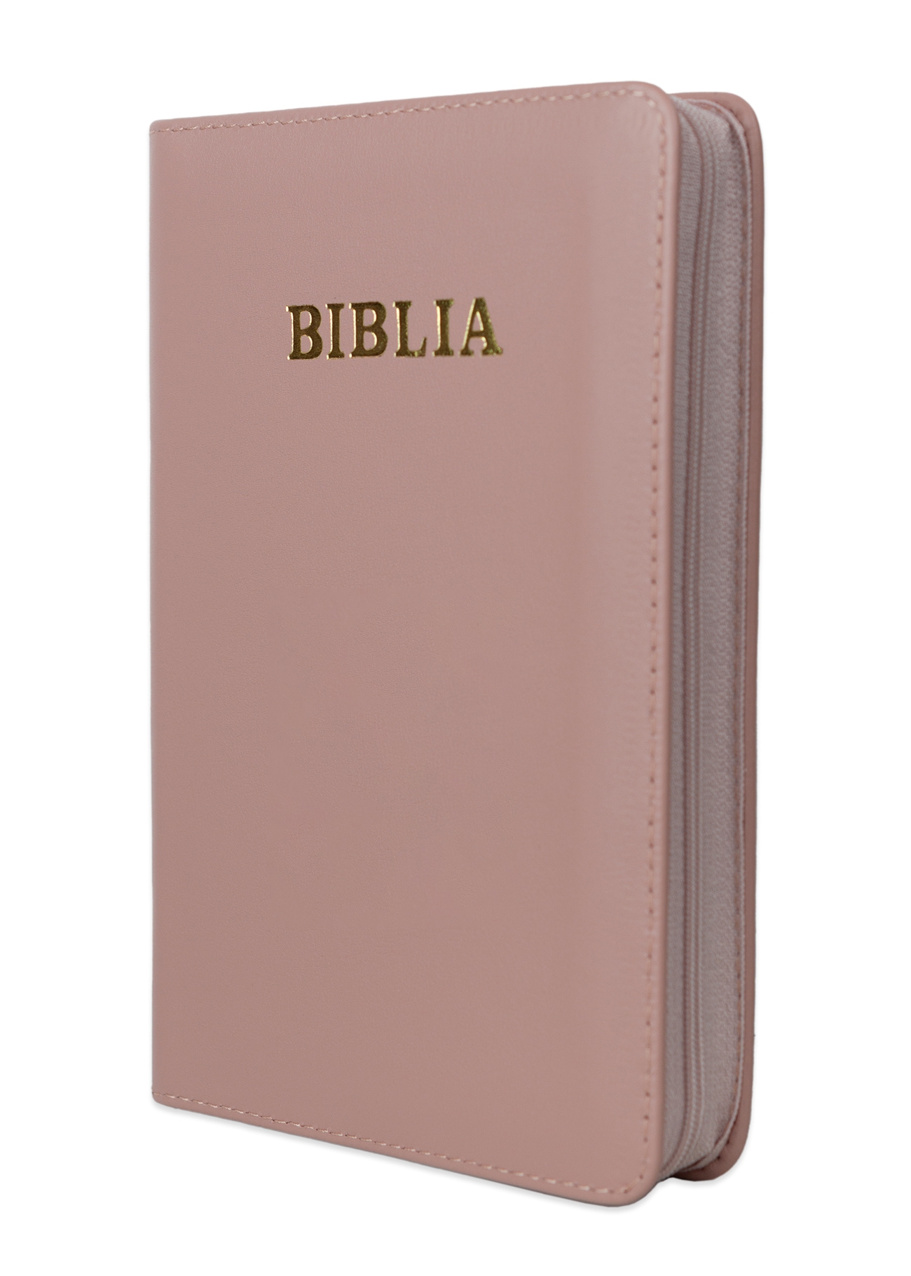 Biblie din piele, marime medie, culoare,  roz pal, fermoar, index, margini aurii, cuv. lui Isus cu rosu [SB 057 PFI]