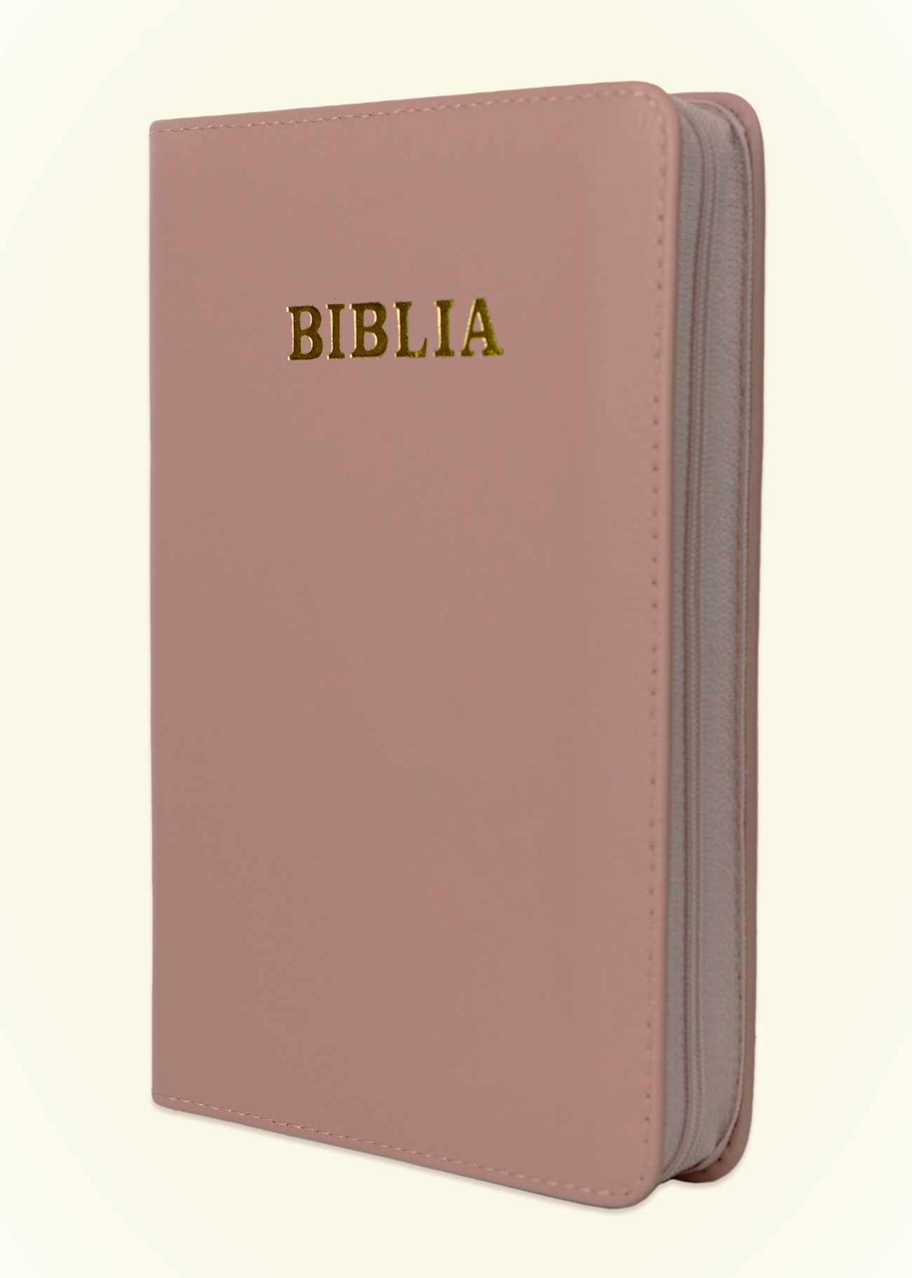 Biblie din piele, marime medie, culoare, roz plămâniu, fermoar, index, margini aurii, cuv. lui Isus cu rosu [SB 057 PFI]