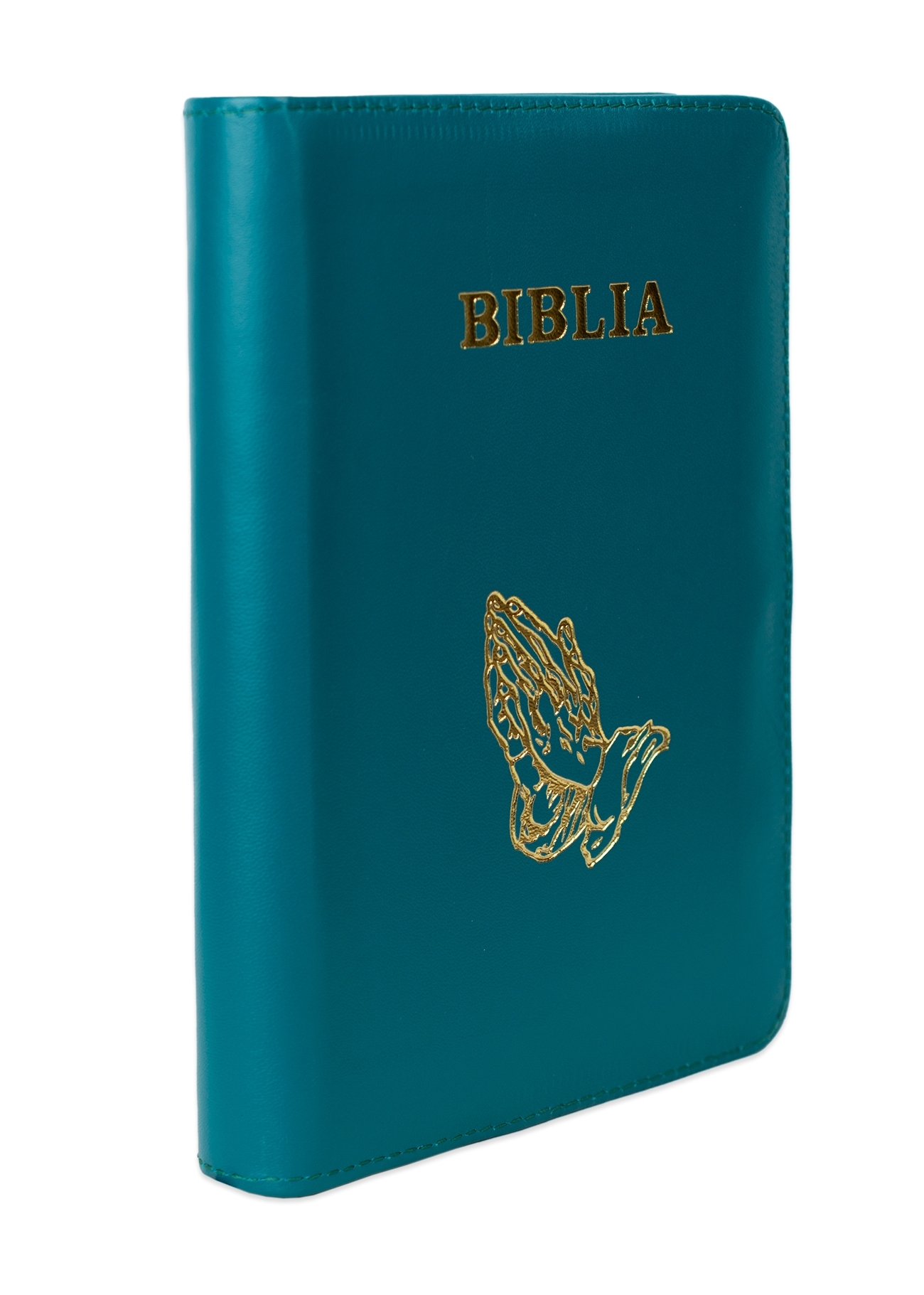 Biblie din piele,marime mica, culoare, verde turcoaz închis, fermoar, margini albe, simbolul maini in rugaciune, cuv. lui Isus in rosu [043 PF]
