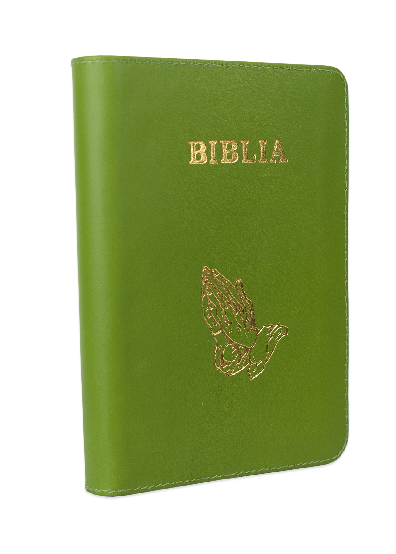 Biblie din piele, marime medie, culoare, verde oliv, simbol maini in rugaciune, fermoar, index, margini aurii, cuv. lui Isus cu rosu [SB 057 PFI]