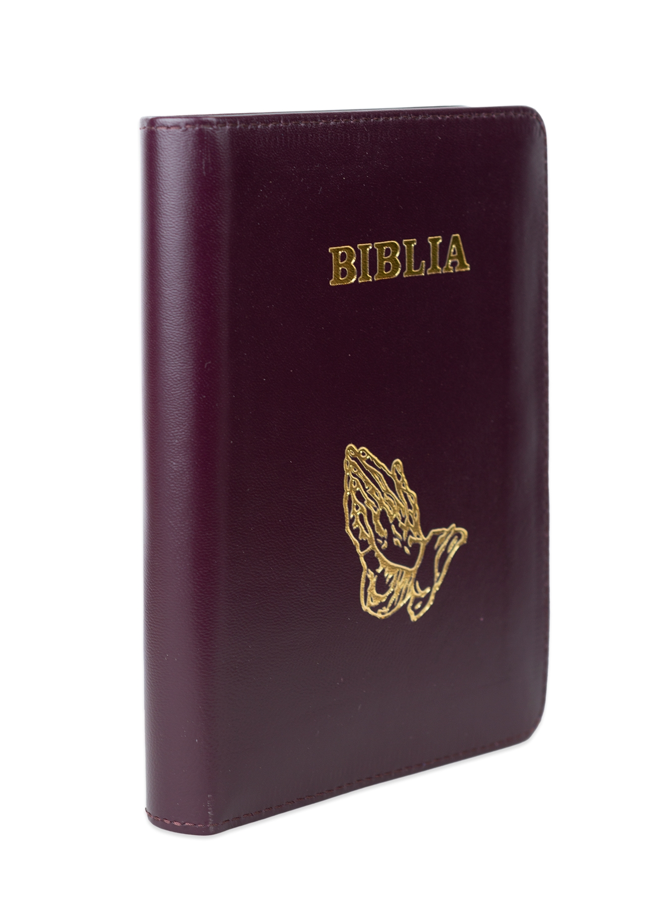 Biblie din piele, marime medie, culoare, mov închis, simbol maini in rugaciune, fermoar, index, margini aurii [SB 057 PFI]