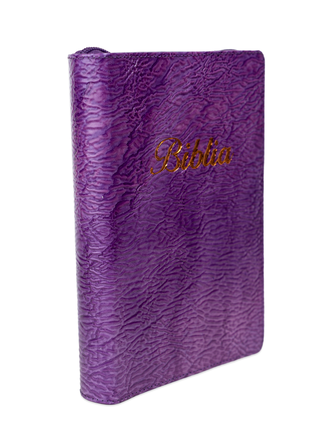 Biblia mărime medie, culoare mov texturat, piele, fermoar, margini aurii, index, cuv. lui Isus cu rosu [MAR 057 PFI]